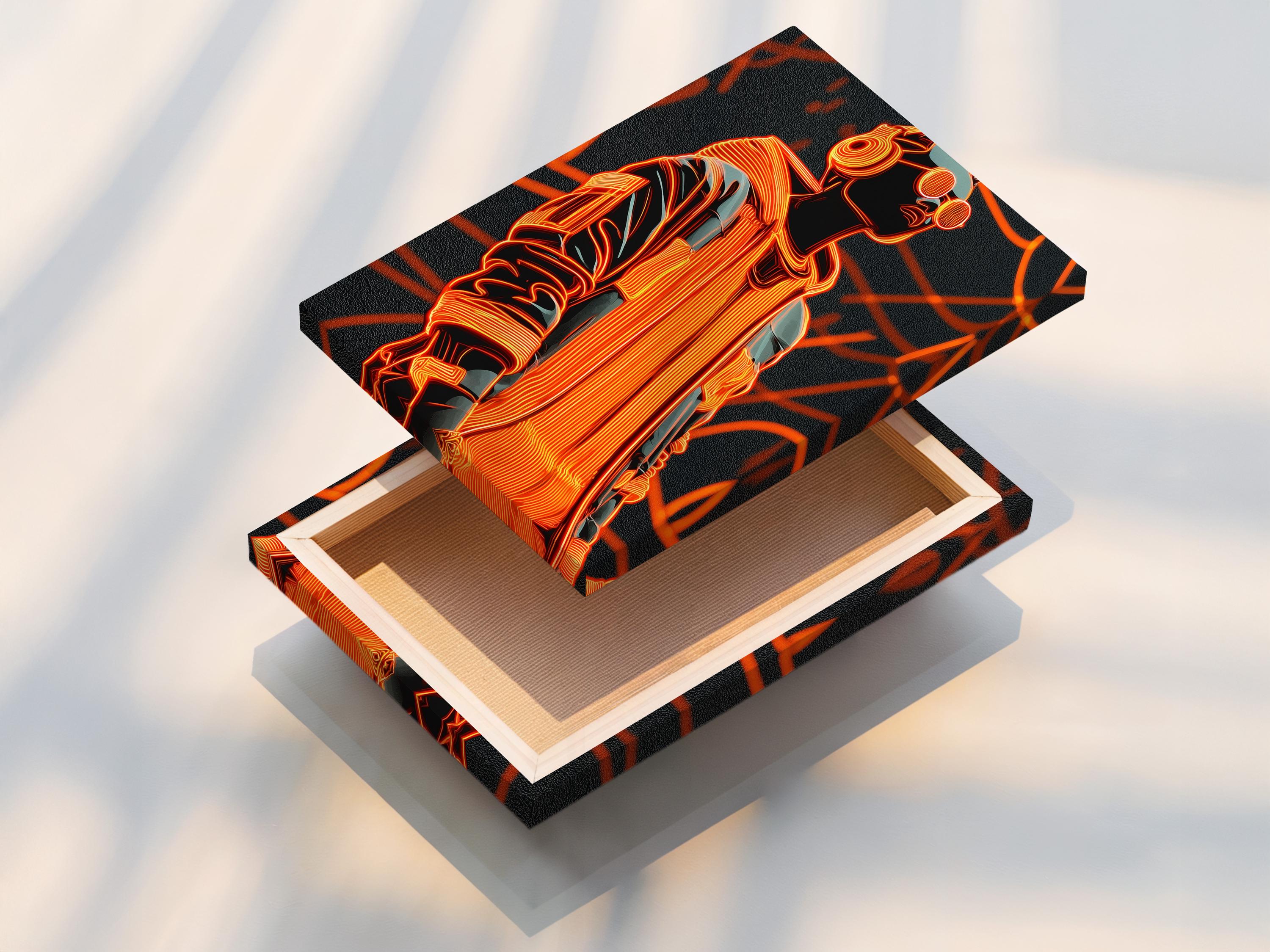 Portrait artwork mockup on a wall with dark grey and neon orange colours