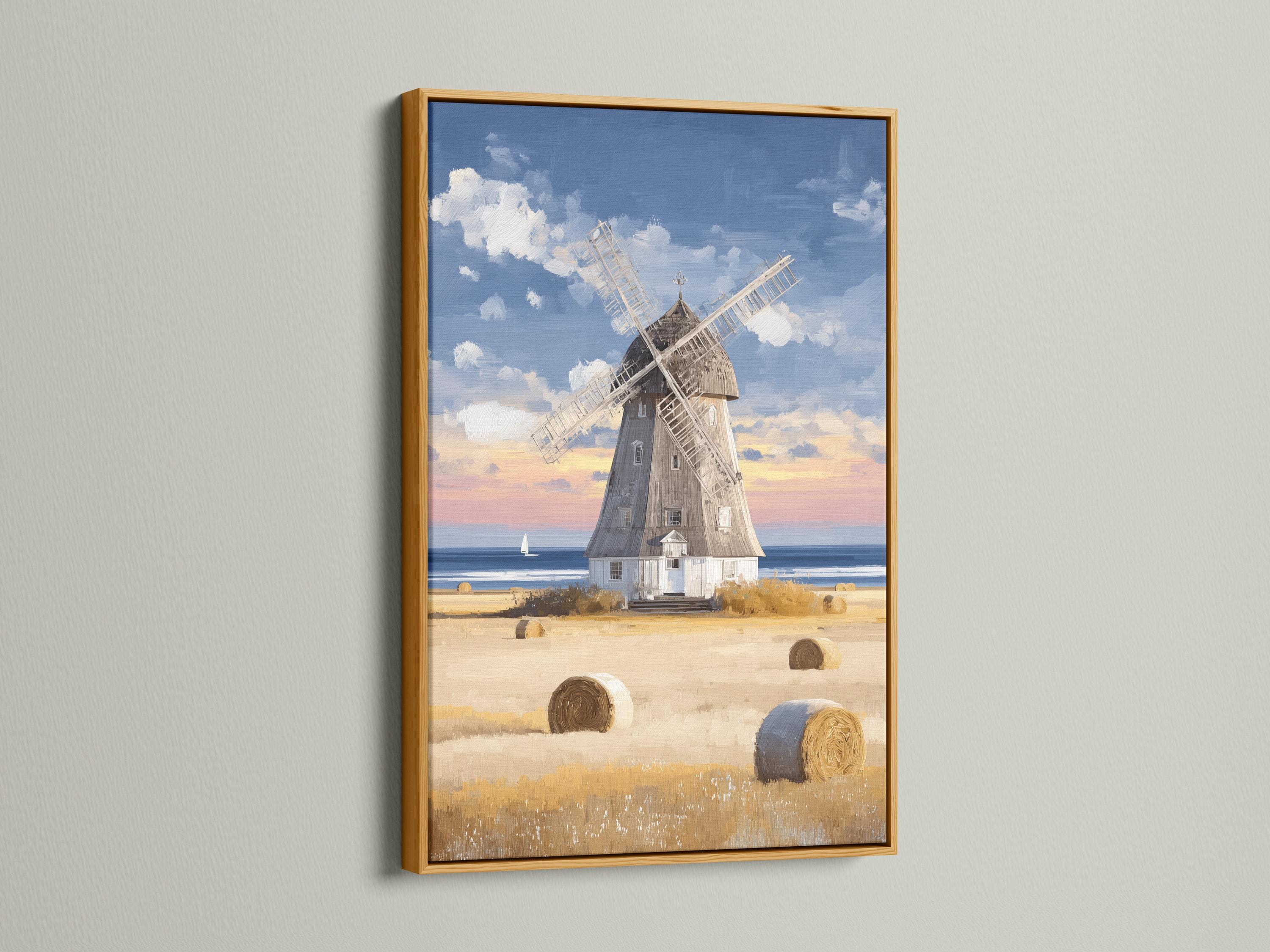 Painterly windmill landscape with hay bales, farmhouse, blue sea and cloudy sky detail view