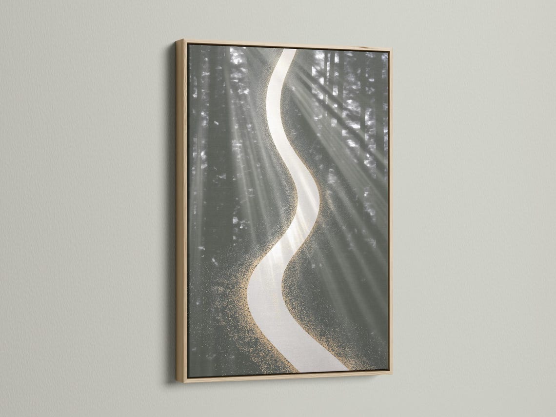 Abstract charcoal grey forest background with a large white curved ribbon and gold speckles detail view