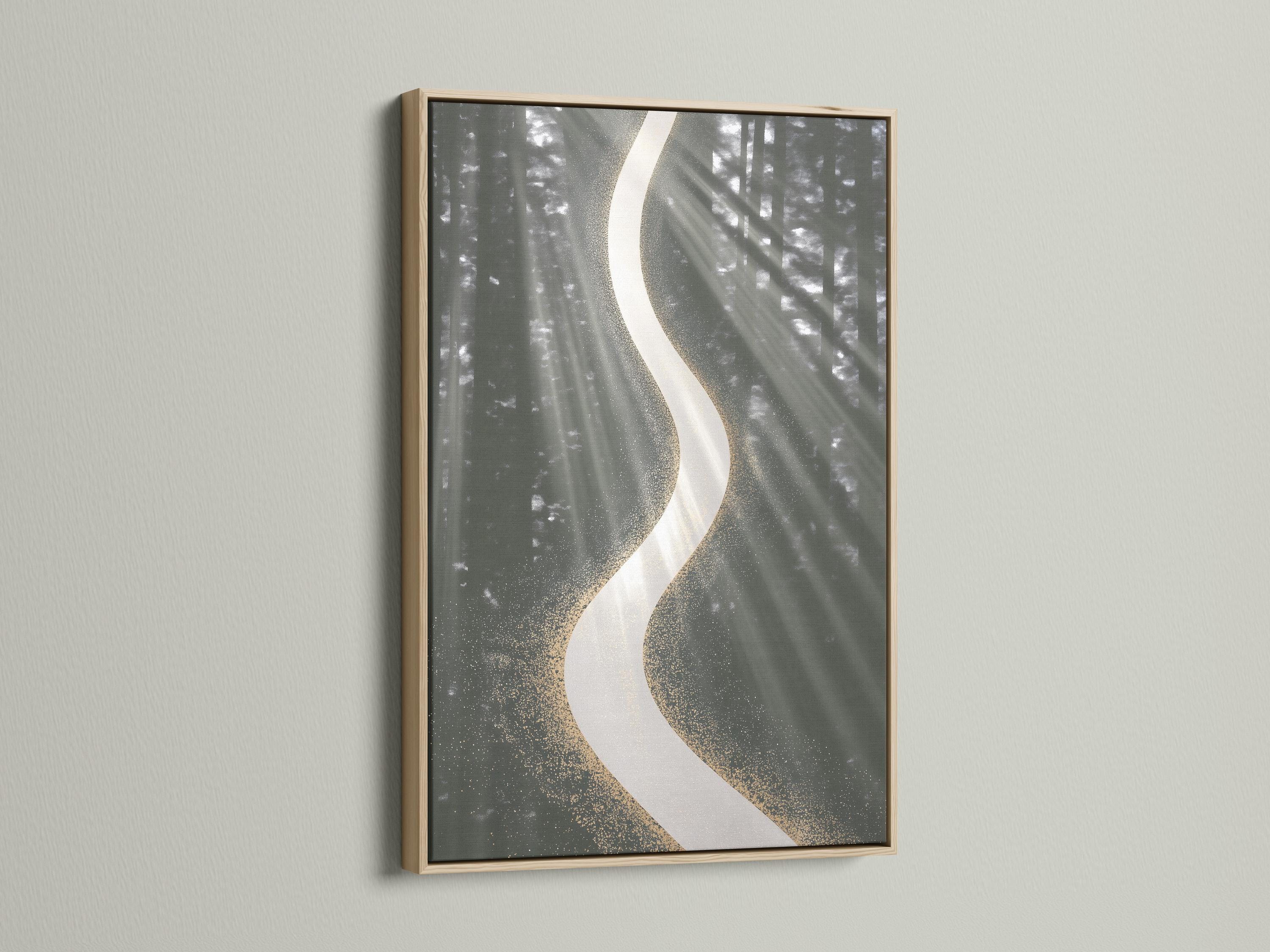 Abstract charcoal grey forest background with a large white curved ribbon and gold speckles detail view