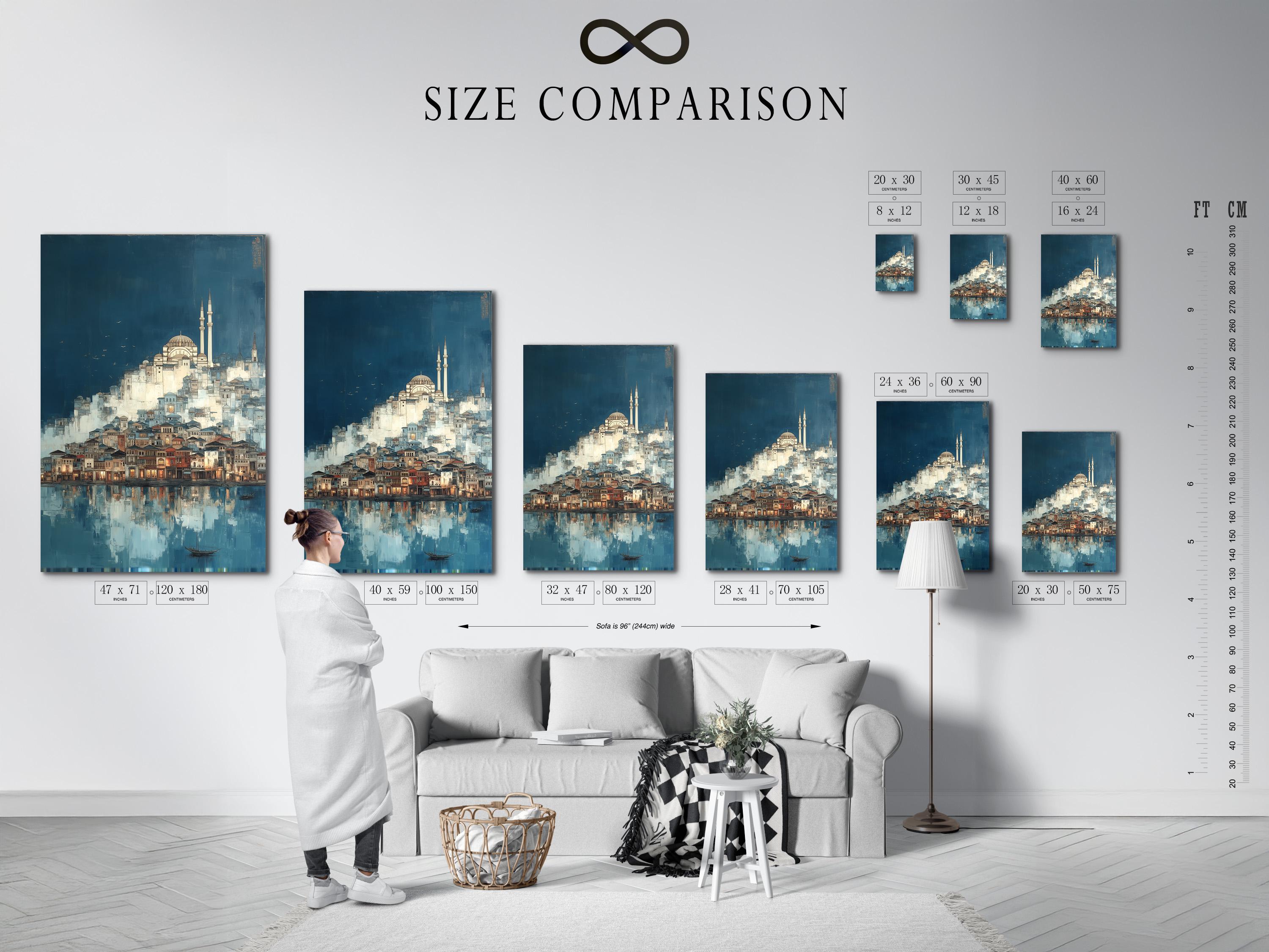 Room mockup with a framed blue cityscape mosque artwork on a wall