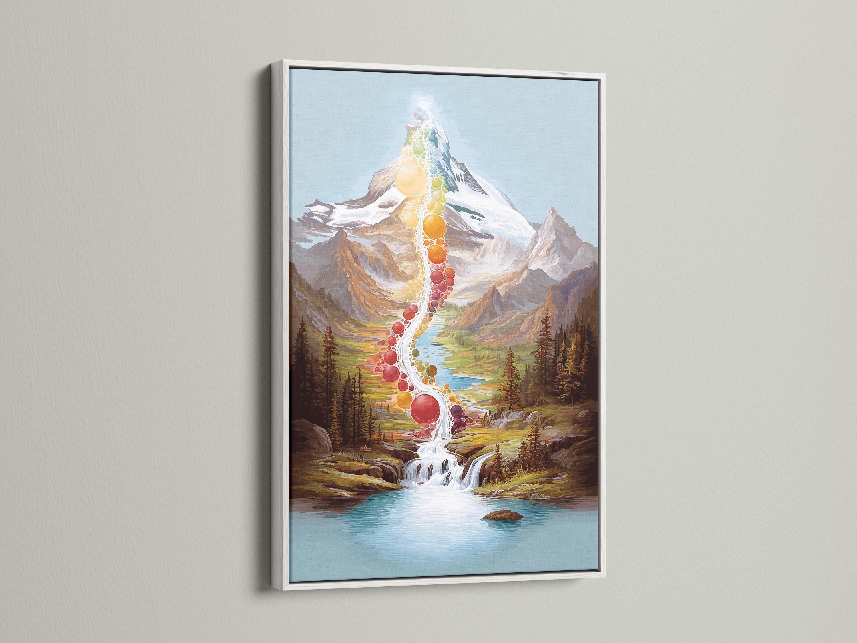 Room mockup showing a framed rainbow mountain waterfall artwork on a wall