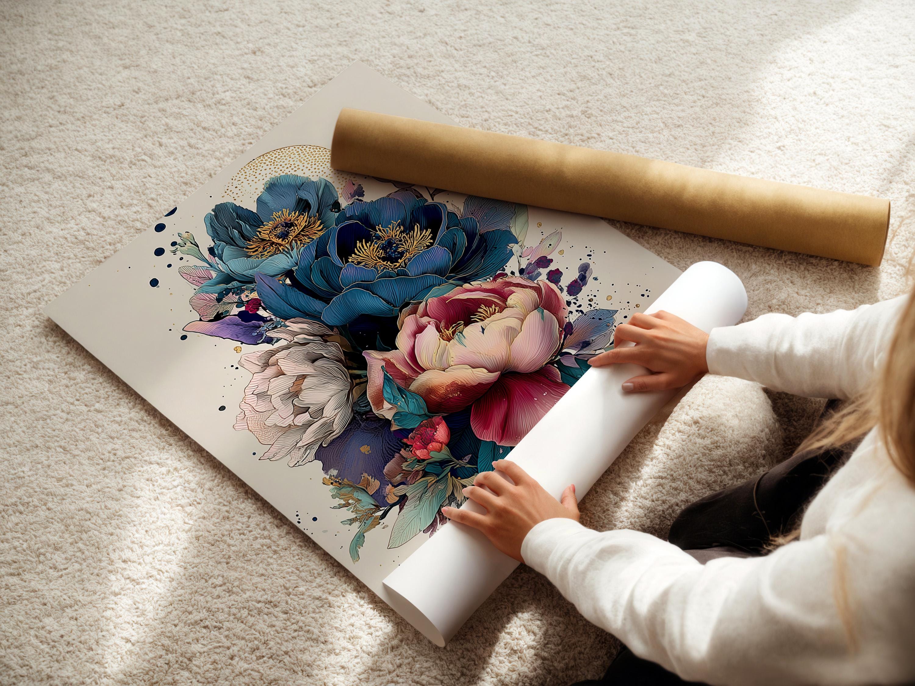Painterly peony floral illustration with teal foliage, pink petals and subtle gold specks detail view