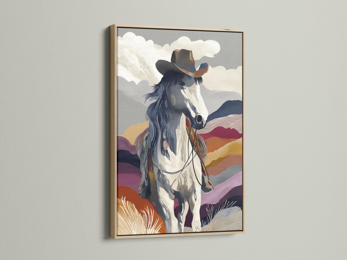 A stylised rearing horse over layered western hills and cloud shapes detail view