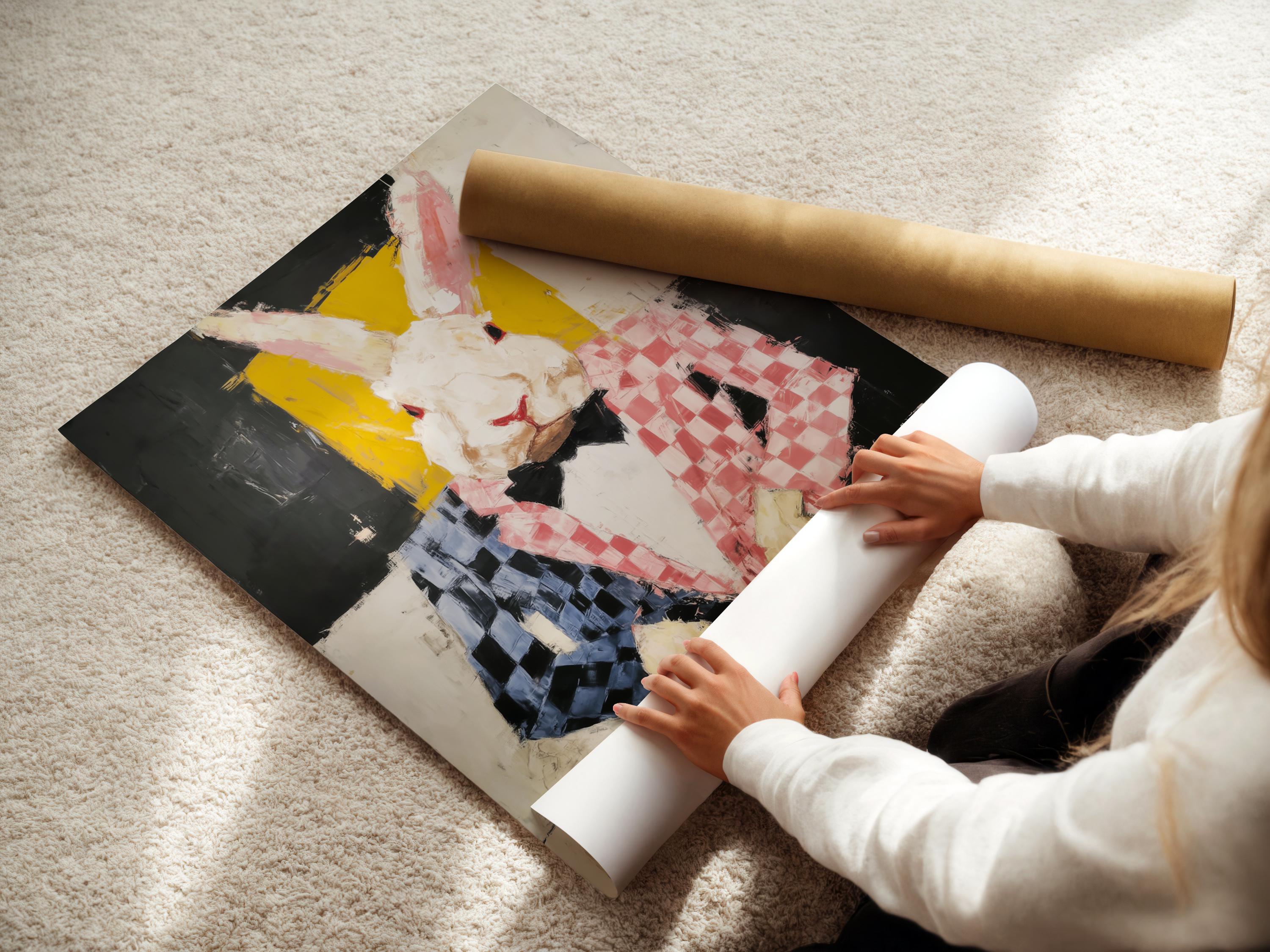 Stylised rabbit playing piano artwork with black, yellow and pink colours detail view