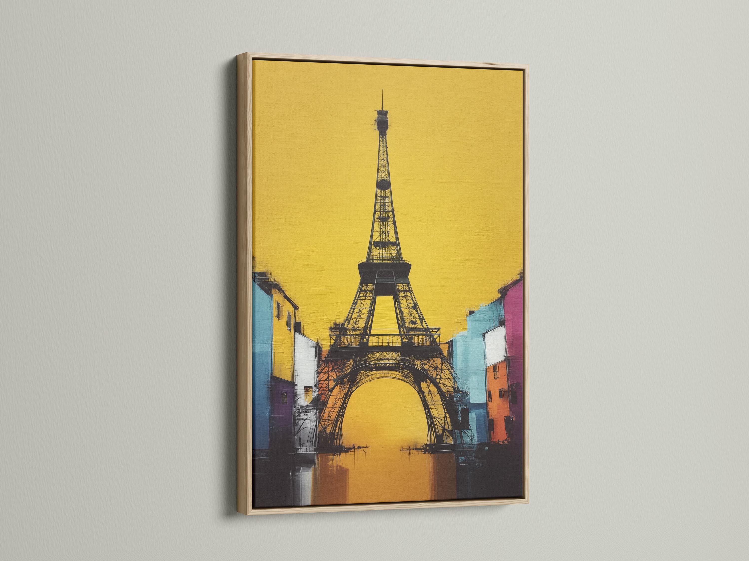 Stylised Eiffel Tower in black with a bright yellow background and colourful city buildings detail view