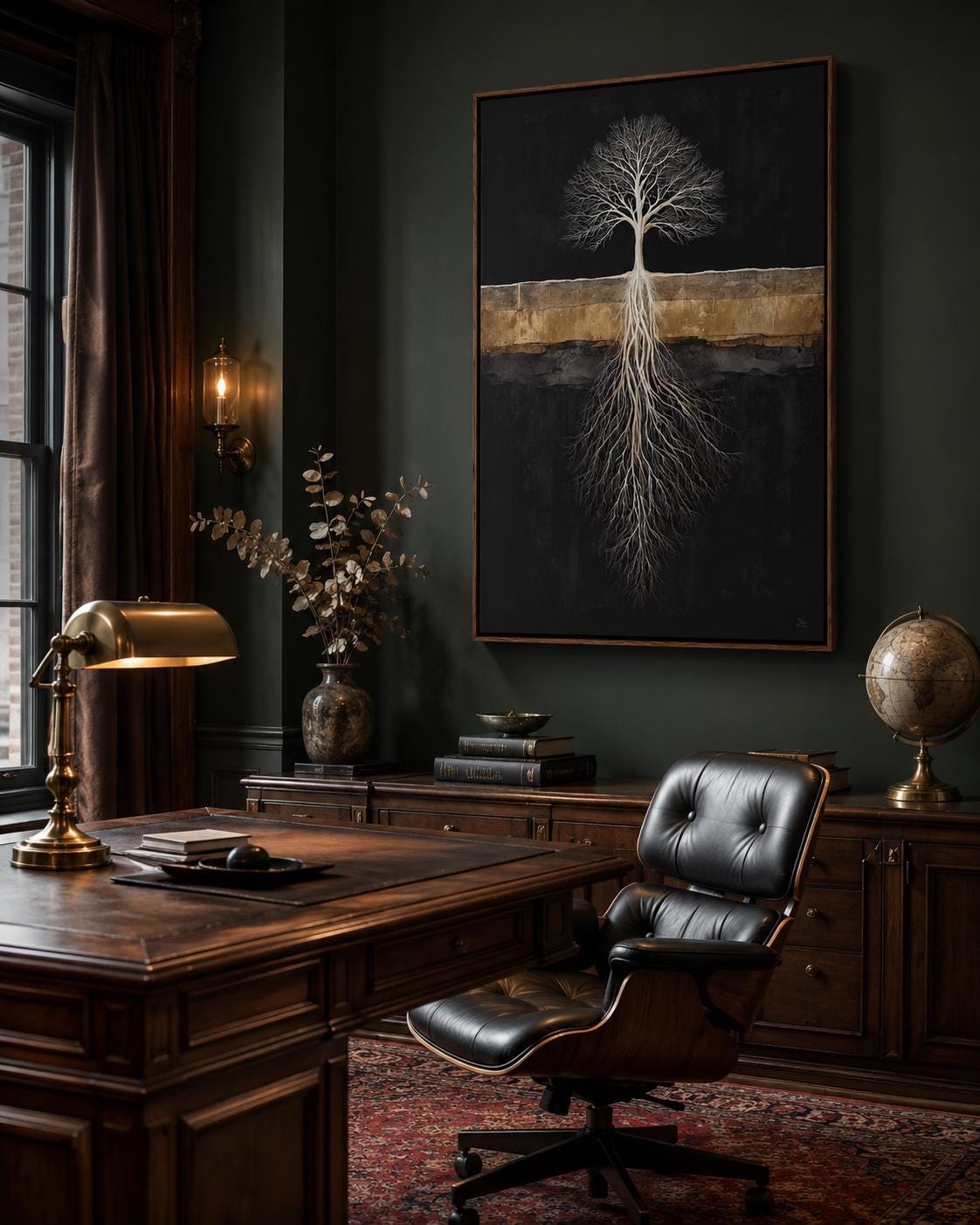 Room mockup with a person reading and a dark tree roots artwork above a bed