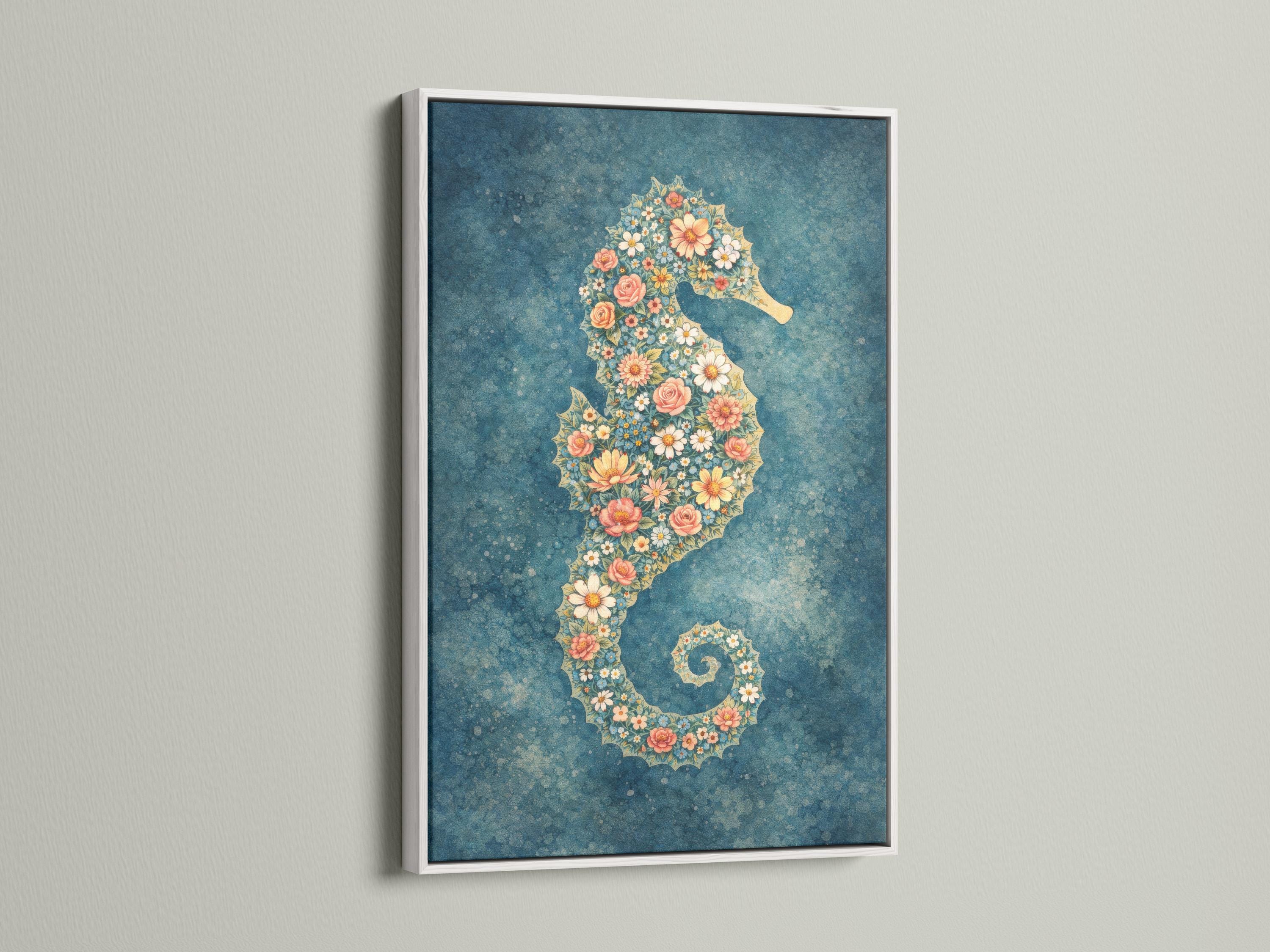 Room mockup showing a framed floral seahorse artwork above a sofa