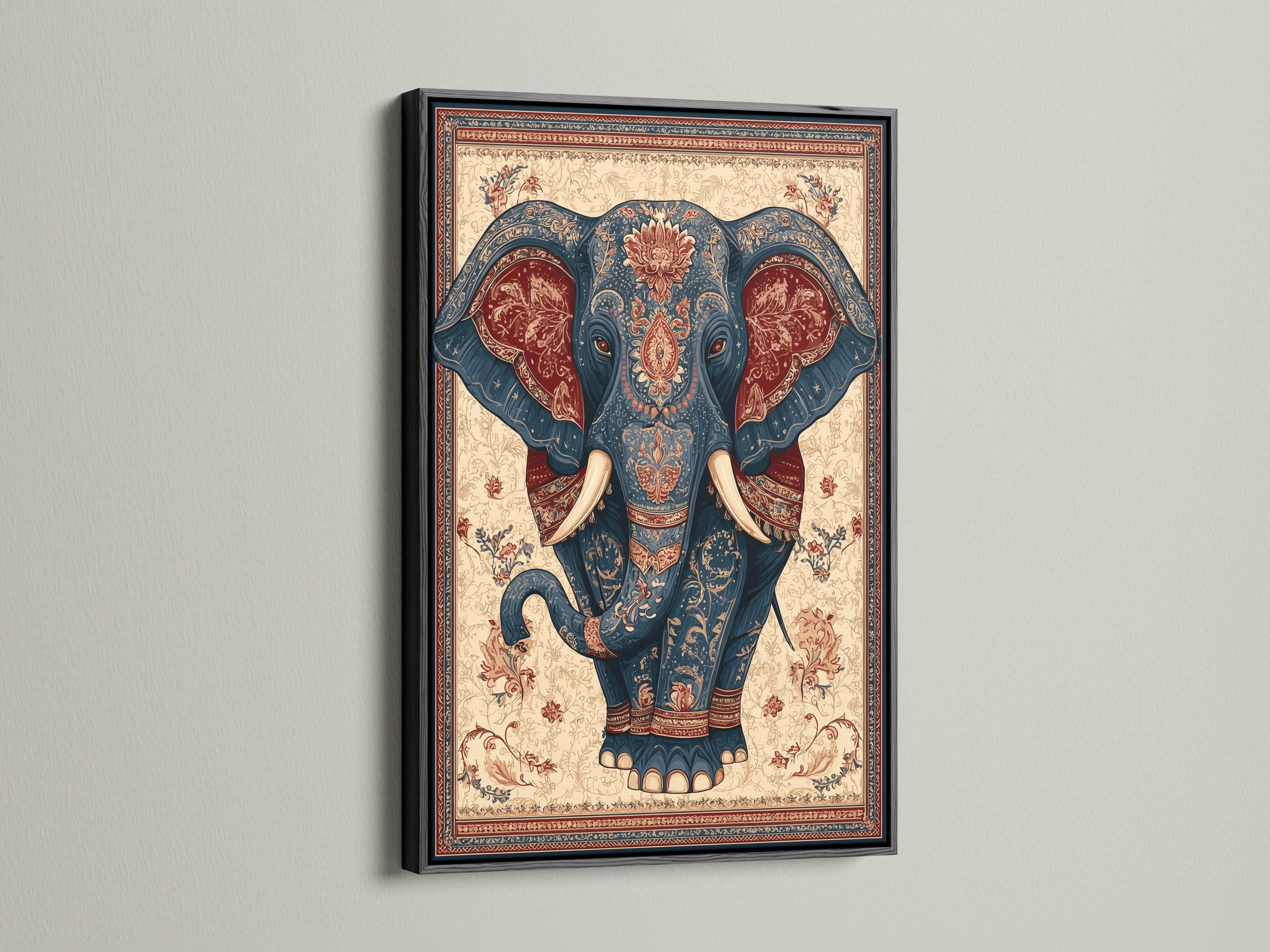 Elephant portrait illustration in deep blue with beige tusks, framed by ornate floral border patterns detail view