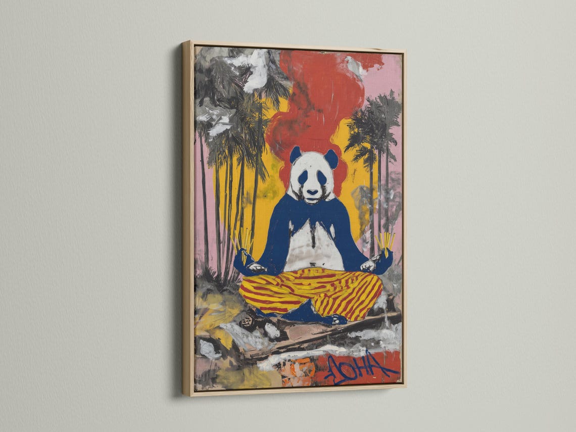 Portrait artwork featuring a seated panda with a yellow and red striped cushion and graffiti-style colours detail view