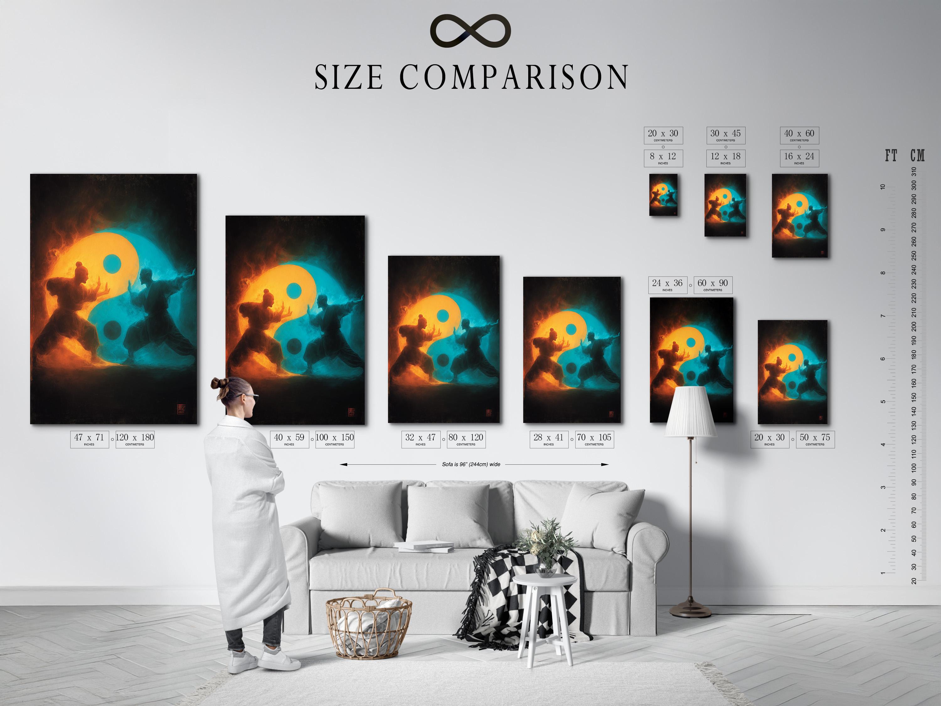 A dark painterly martial-arts figure stands in silhouette within a glowing yin-yang inspired split of orange and teal mist detail view