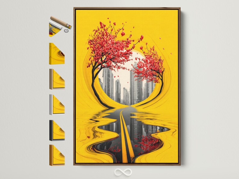 Yellow abstract cityscape with red blossom branches and a reflective road in the centre