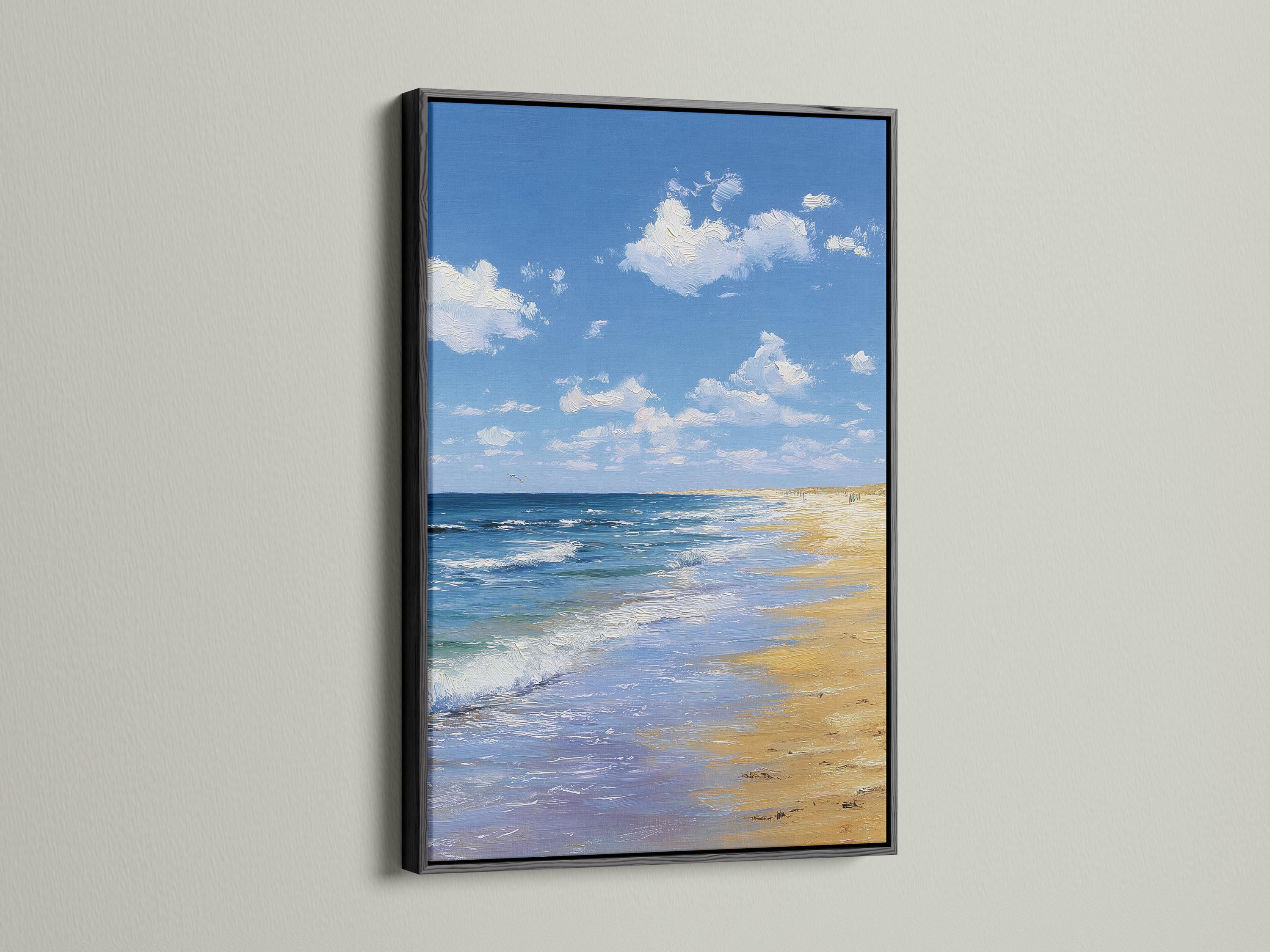 Room mockup showing a framed blue beach seascape artwork on a wall