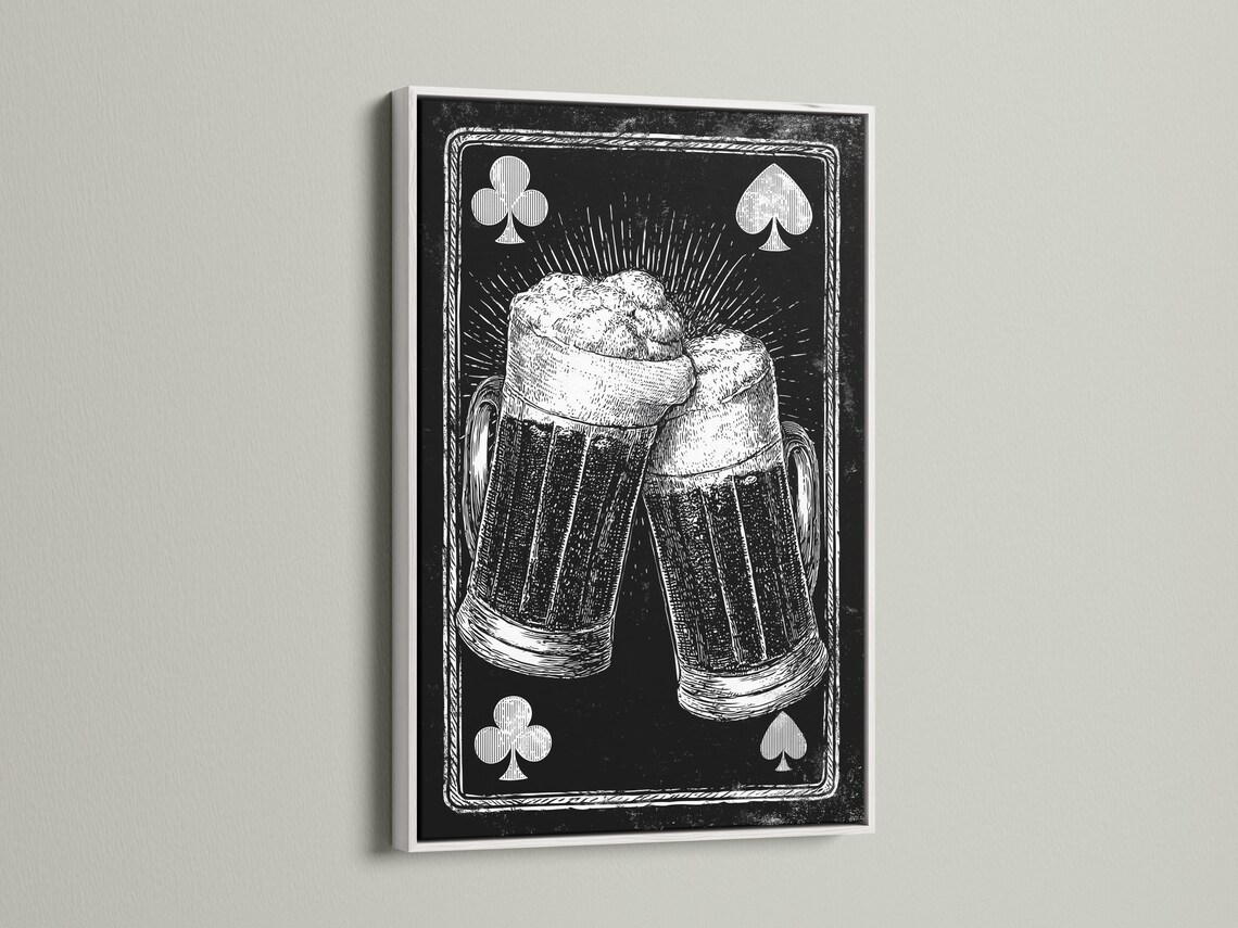 Monochrome illustration of two beer tankards with club and spade card symbols detail view