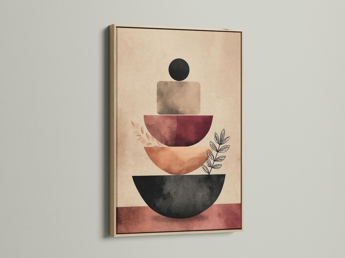 Geometric abstract artwork with stacked curved shapes in black and terracotta on a warm beige background and small leaf linework detail view