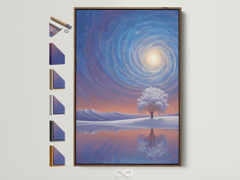 Winter landscape with a lone tree, snowy ground, mountains, and a swirling blue sky with a glowing circle