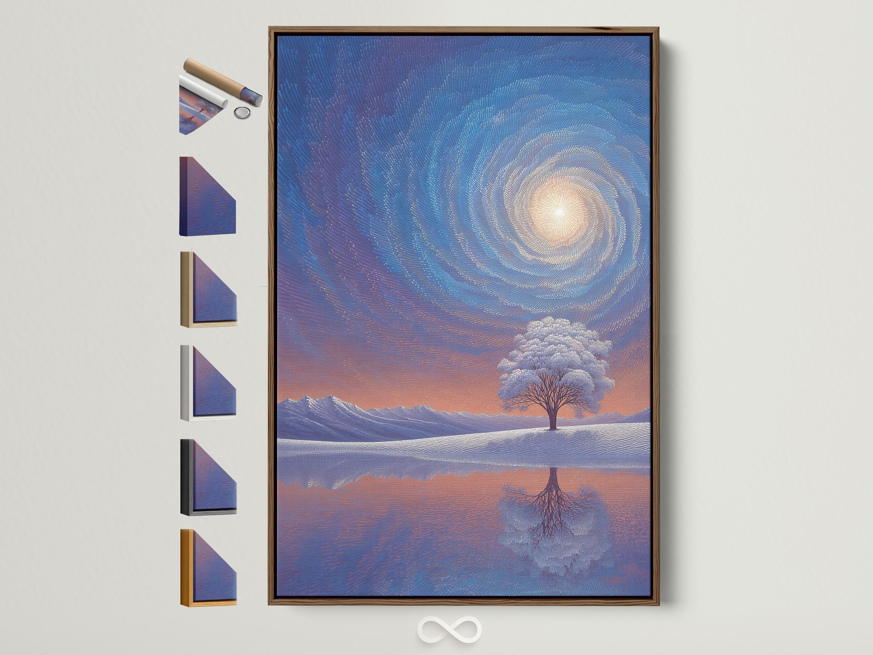 Winter landscape with a lone tree, snowy ground, mountains, and a swirling blue sky with a glowing circle
