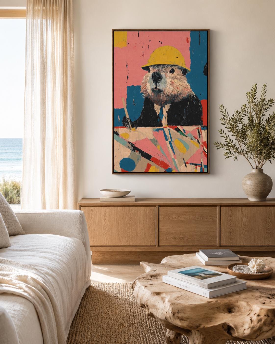 A person near a table installing a framed artwork featuring a beaver with a yellow hard hat
