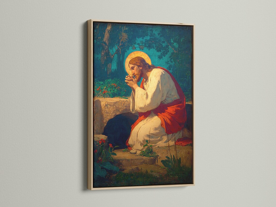 Praying religious portrait with a glowing golden halo against a deep blue-green landscape detail view