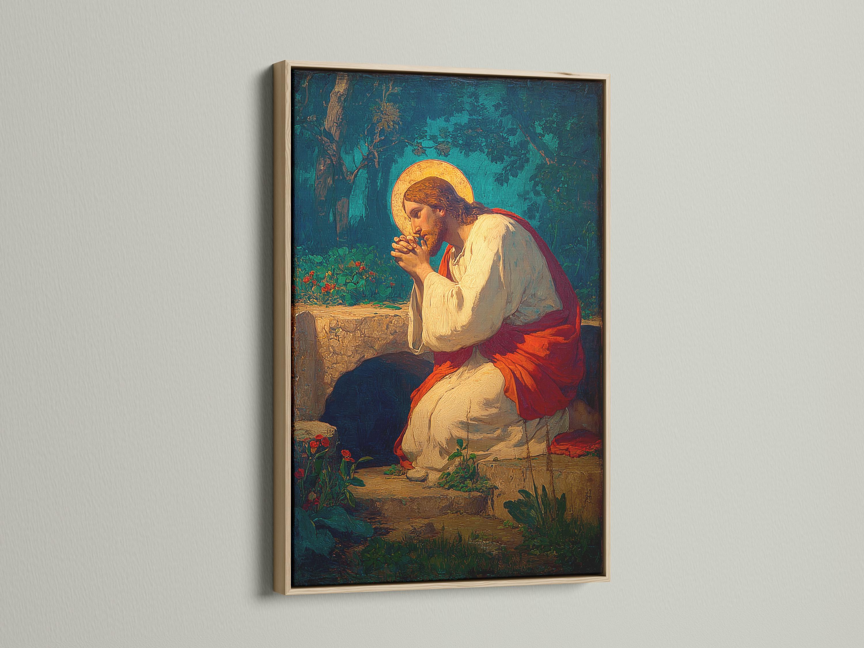 Praying religious portrait with a glowing golden halo against a deep blue-green landscape detail view