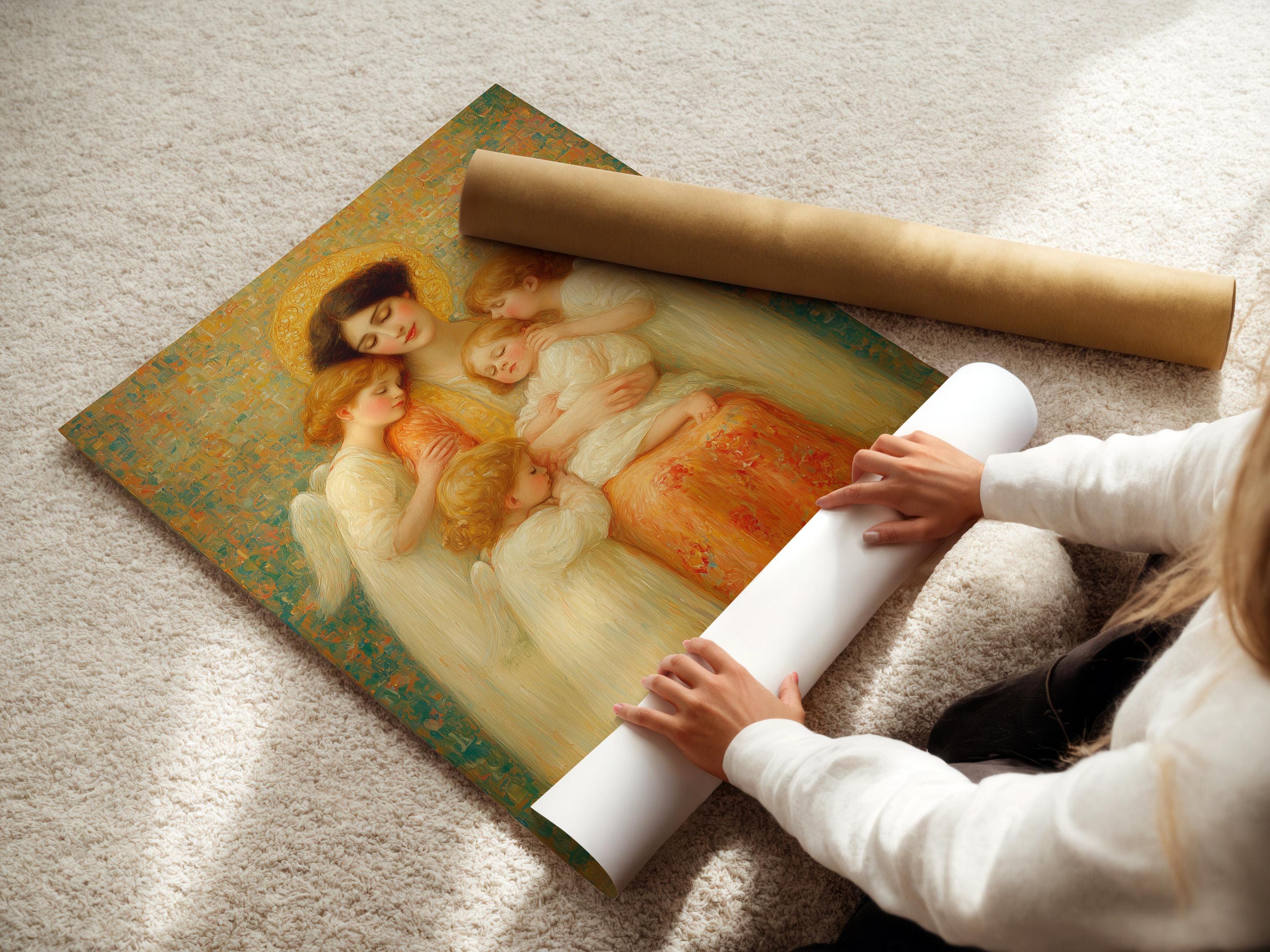 Painterly Madonna and Child scene with haloed angels and wings against a textured green-gold background detail view