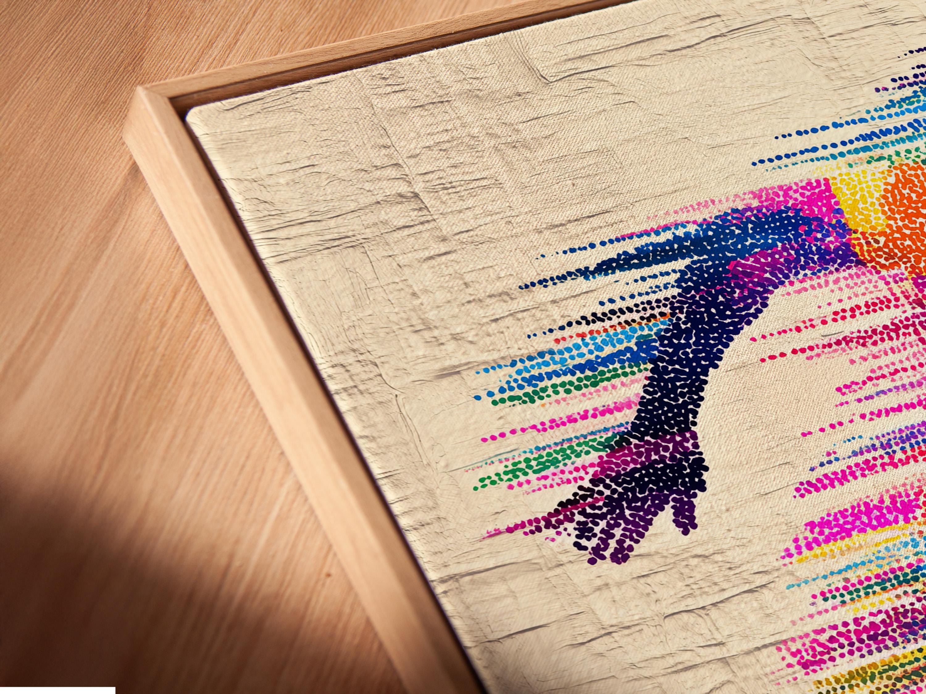 A colour-dotted silhouette of a runner stretches across a textured off-white background, with flowing striped motion lines in bright magenta, blue