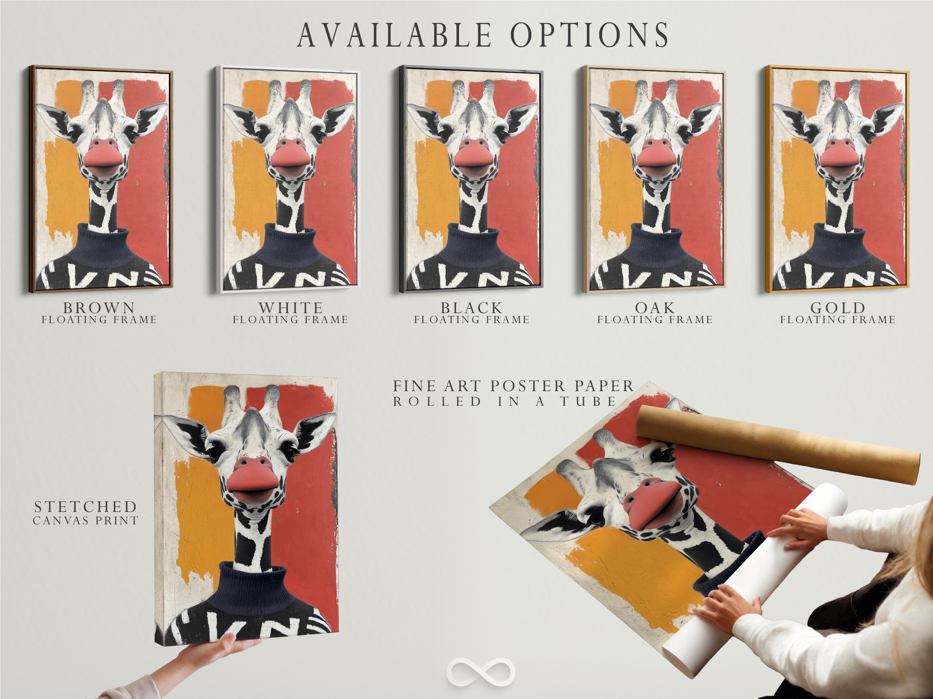 Stylised giraffe portrait with a red nose and black-and-white spots on a textured off-white background detail view