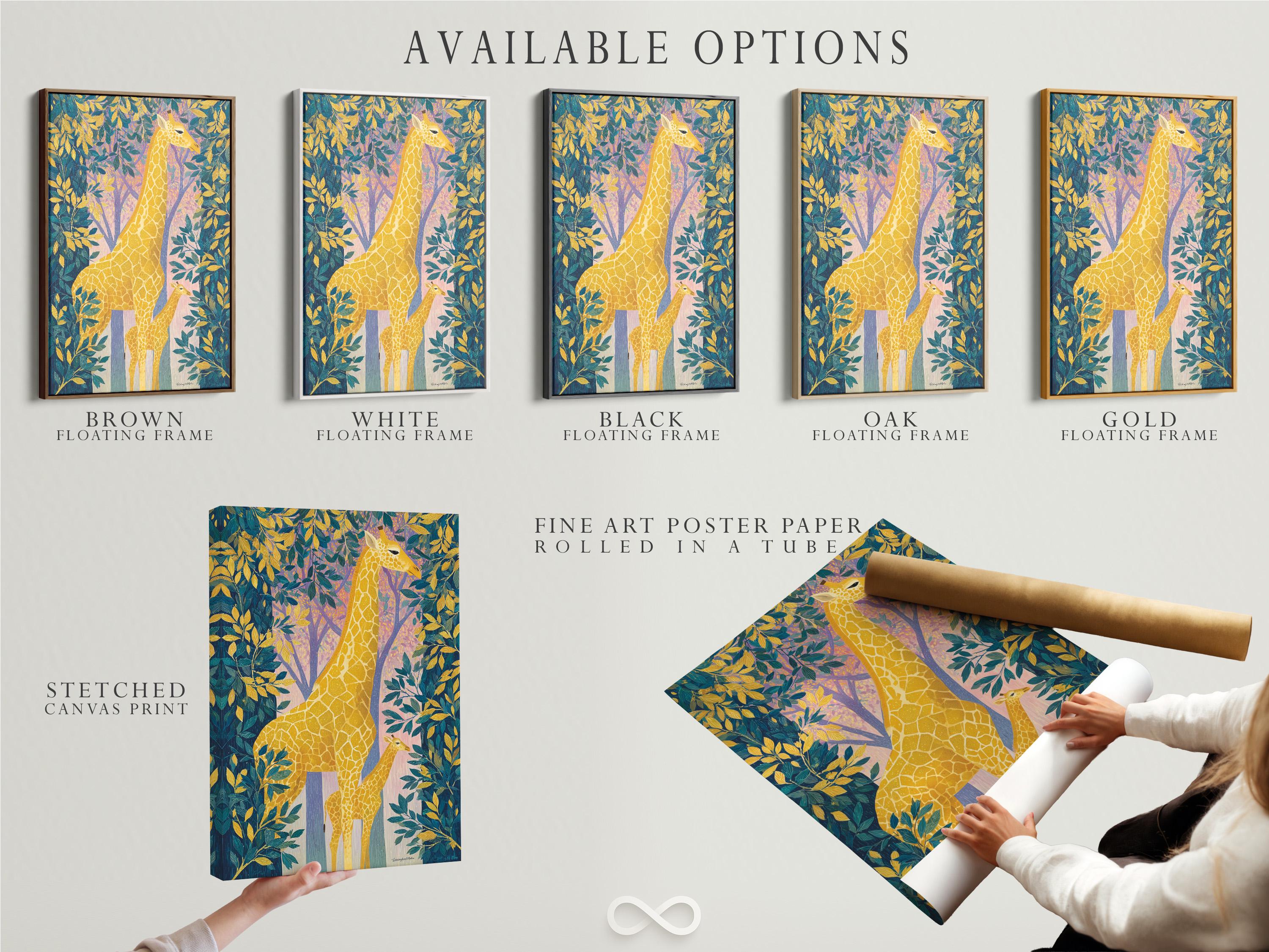 Artwork mockup showing a framed illustration of a giraffe with tropical foliage and tree trunks