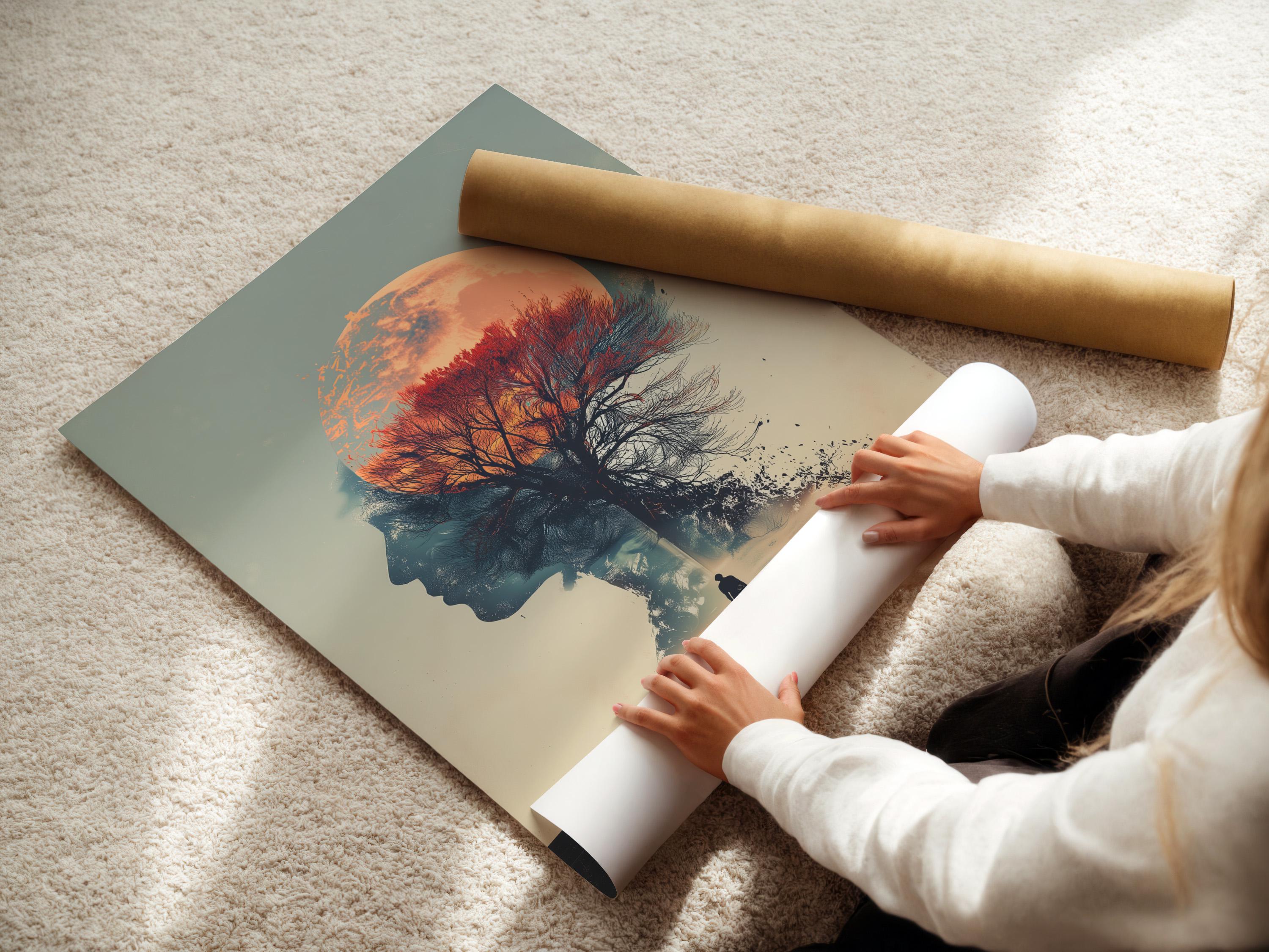 Surreal double exposure of a woman silhouette with a moonlit tree and a small figure on a path detail view