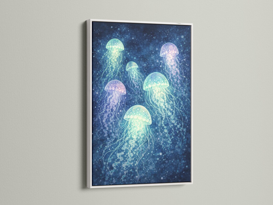 Glowing jellyfish in deep blue water with mint, aqua and lilac tones detail view