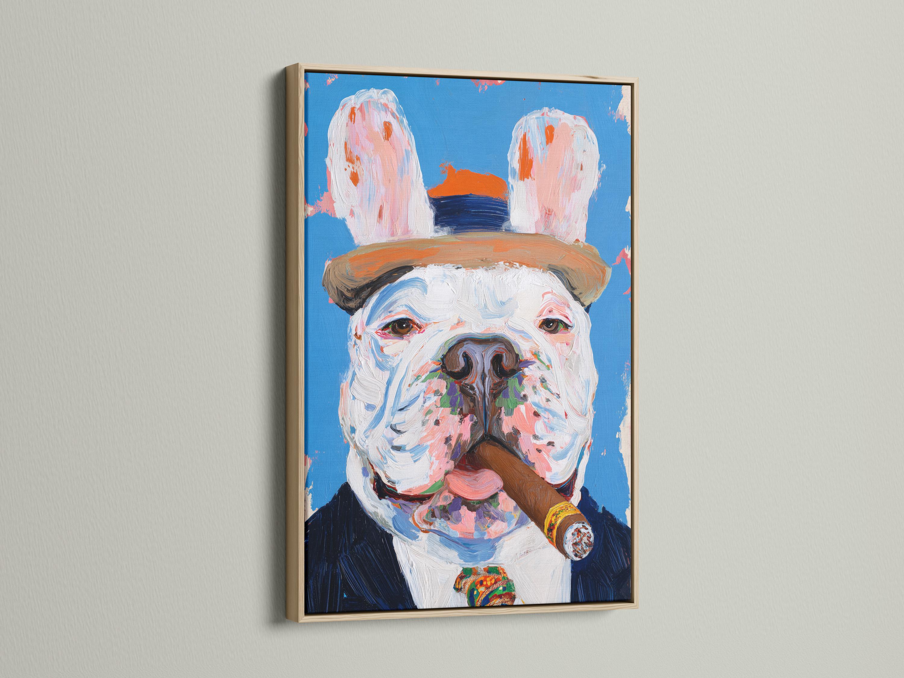 Painterly bulldog portrait with a cigar against a bright blue background detail view
