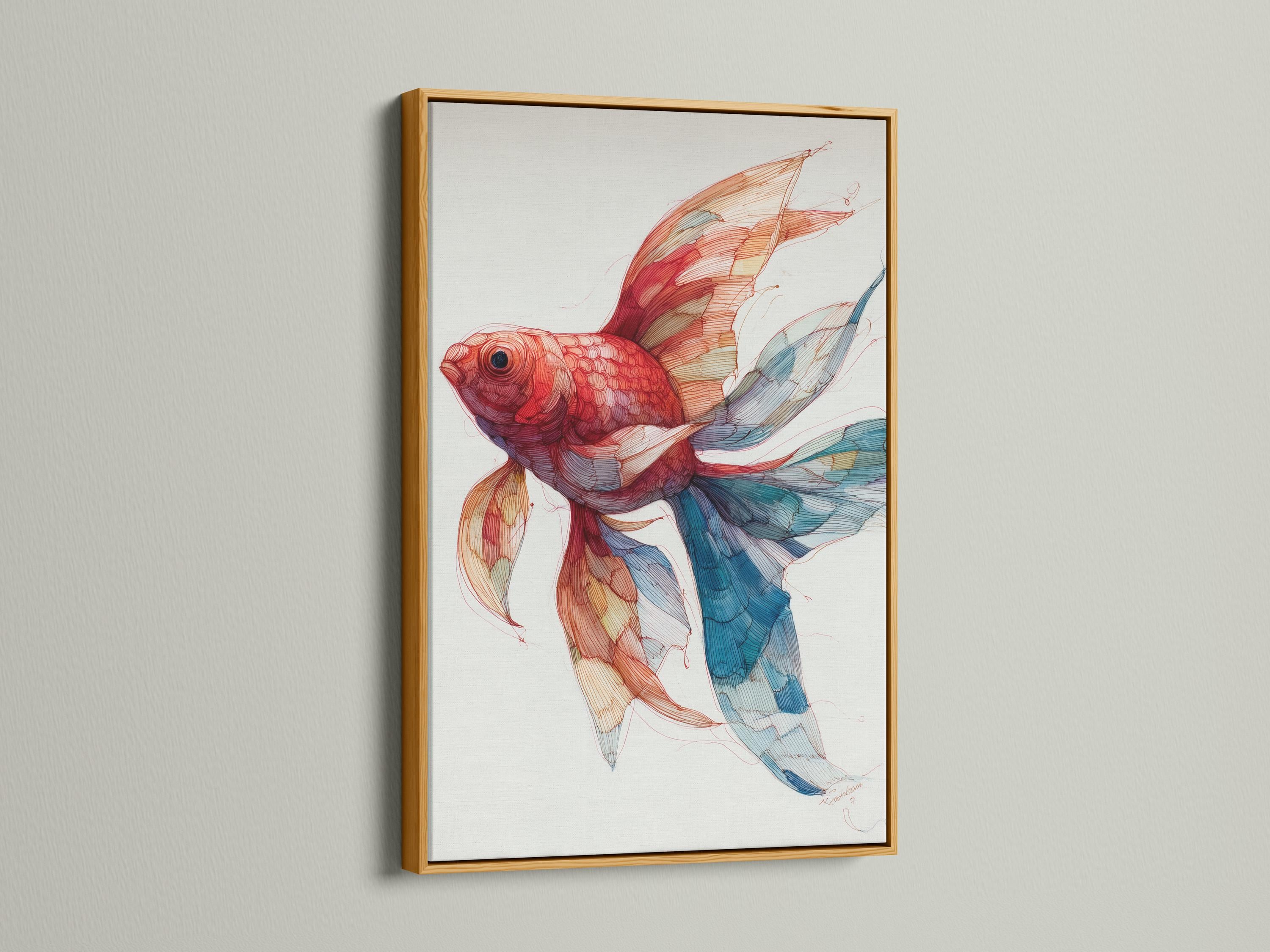 Room mockup showing a framed red goldfish illustration with teal and blue fins