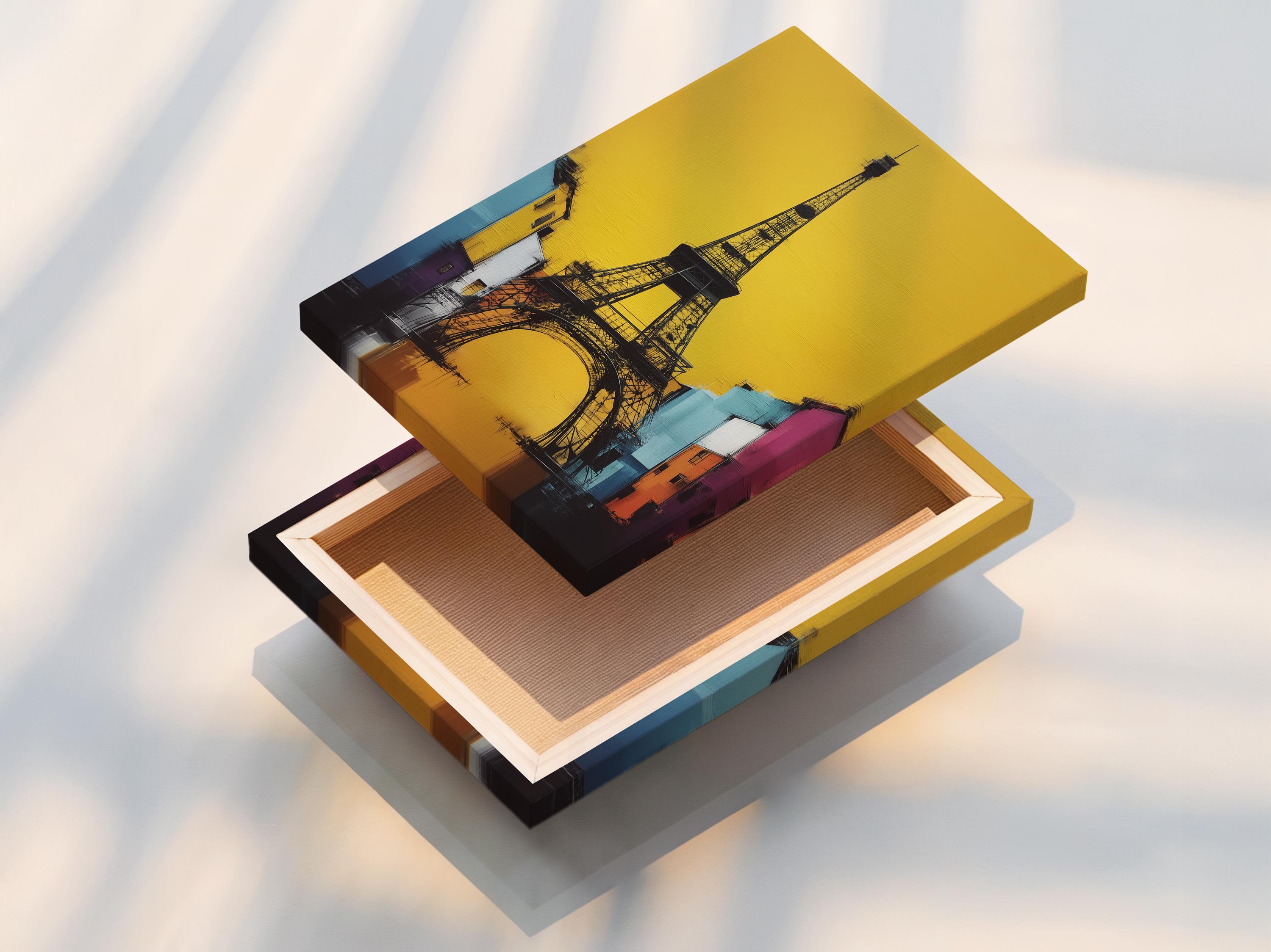 Stylised Eiffel Tower in black with a bright yellow background and colourful city buildings detail view