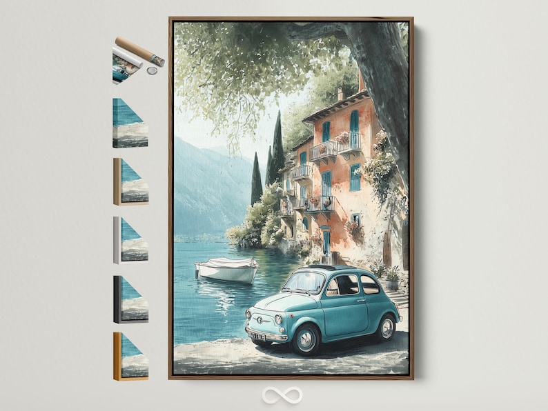 Painterly lakeside village scene with blue water, pastel houses, leafy trees and a light-blue vintage car