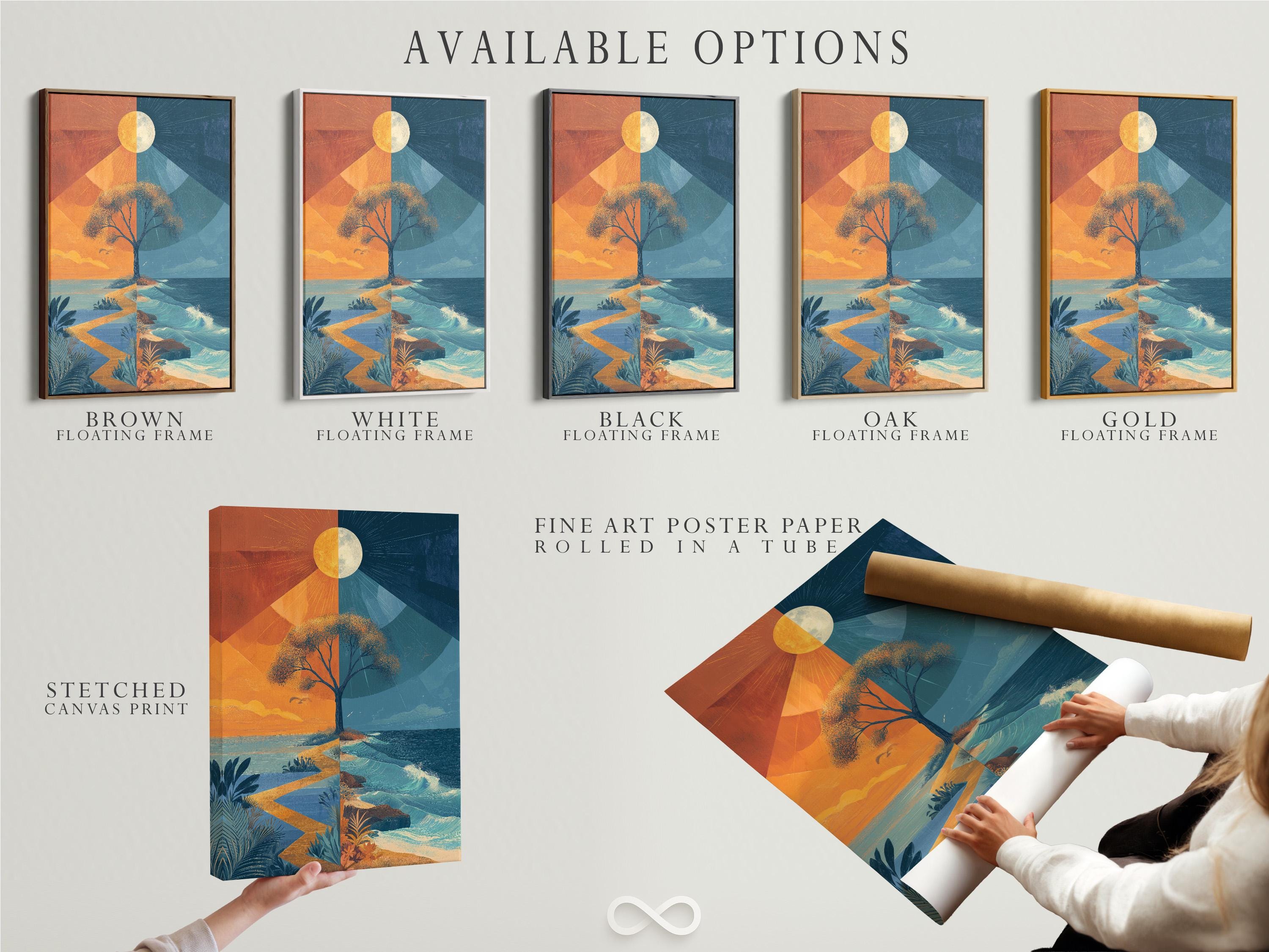 Stylised tree in a geometric split seascape with orange sky and blue ocean waves detail view