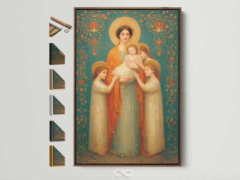 Vintage Madonna and child religious painting with a gold halo and teal floral background