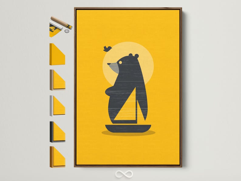 Minimalist bear sailing on a dark boat with a yellow sail on a bright yellow background