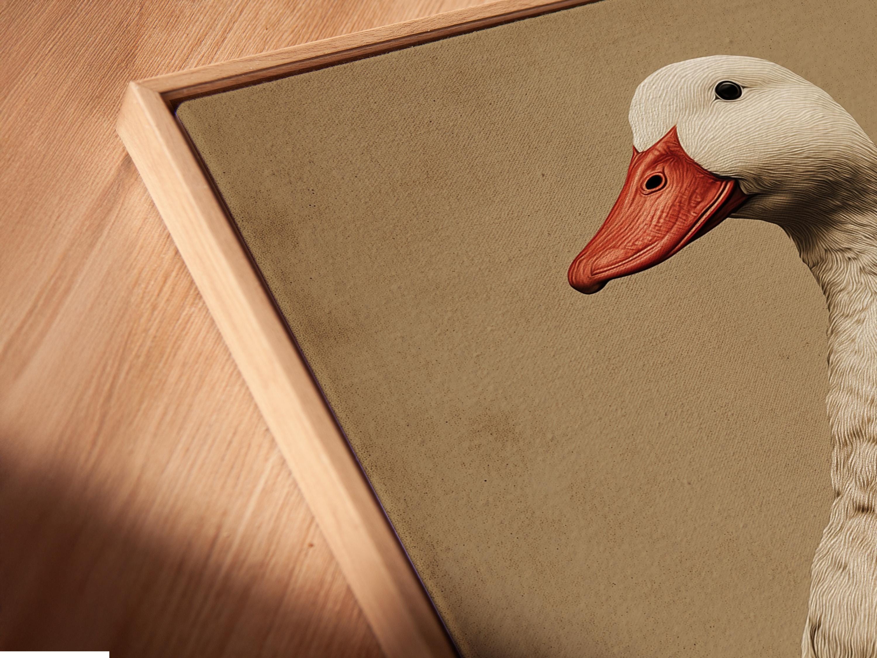 A vintage-style goose portrait with a red beak and detailed feather shading stands in front of a warm beige background detail view