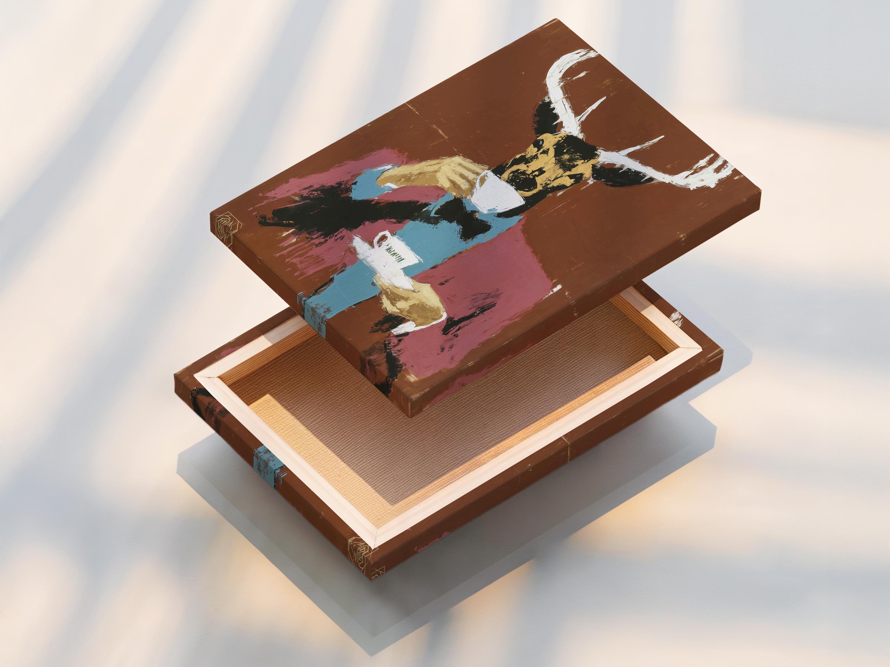 Stylised deer portrait with large antlers and a cup, in warm brown with teal and pink accents detail view