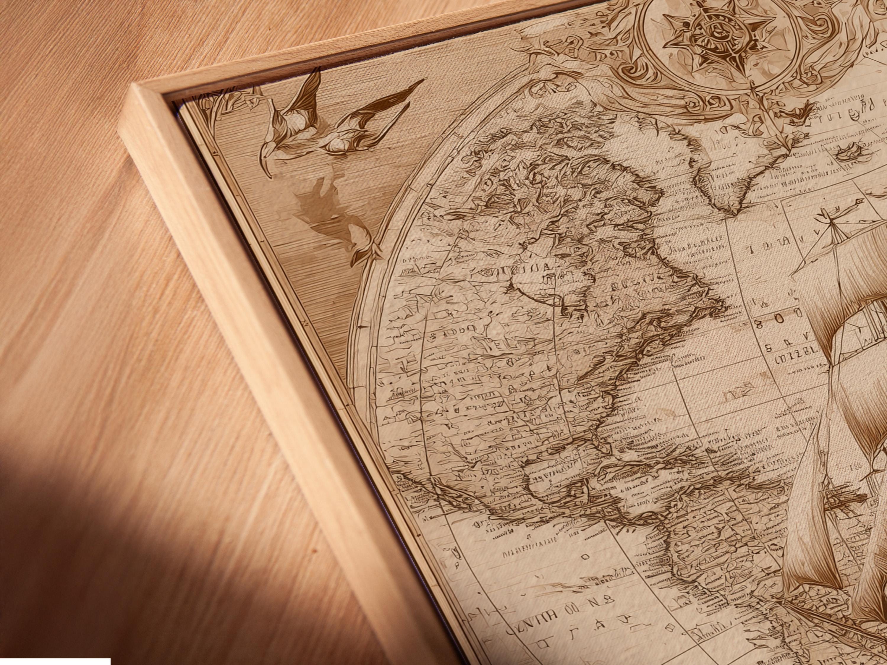 Vintage sepia world map with compass rose and sailing ships over decorative waves detail view
