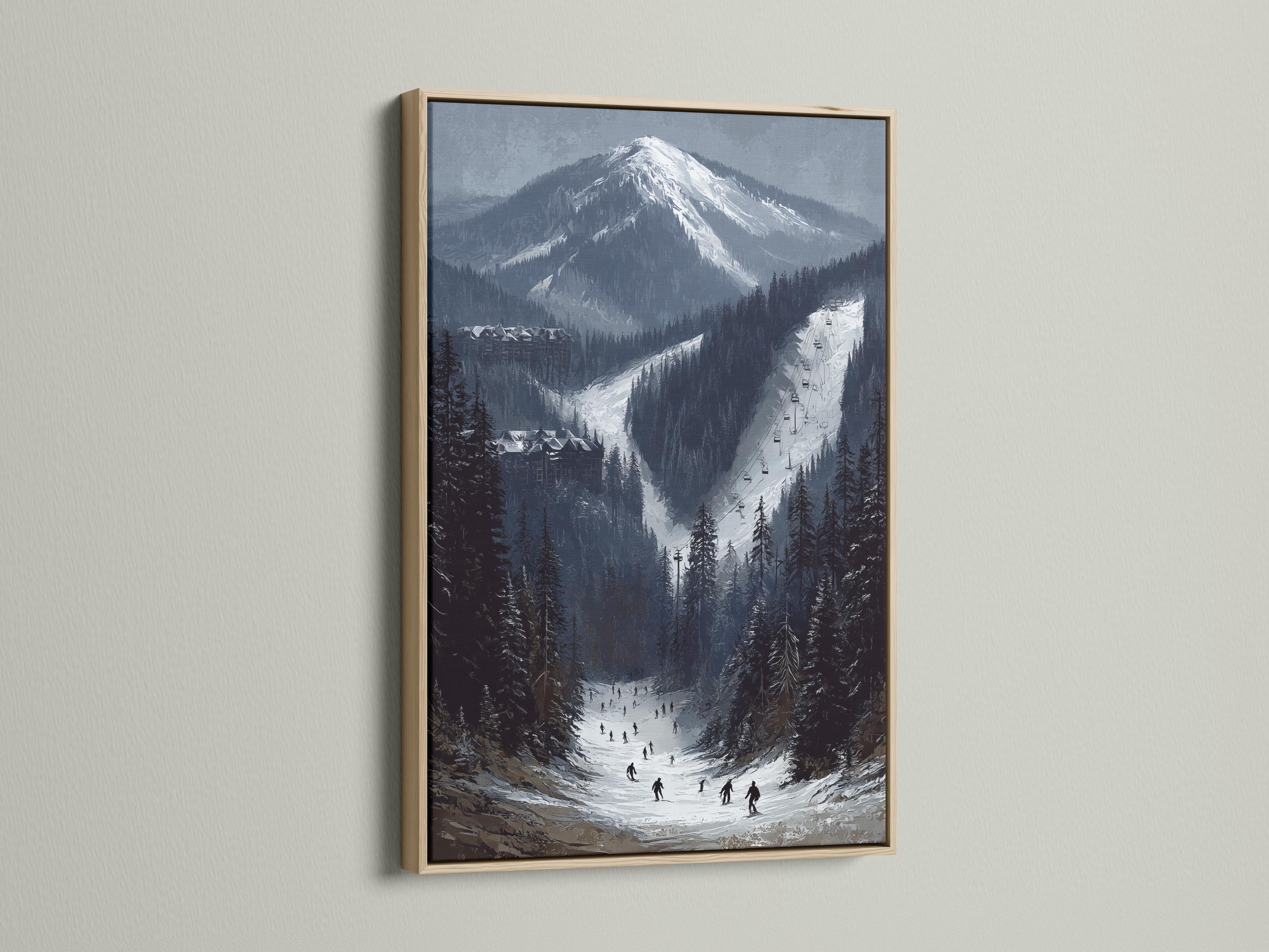 Alpine winter landscape with snow-capped mountains, evergreen trees and a ski slope with a chairlift detail view