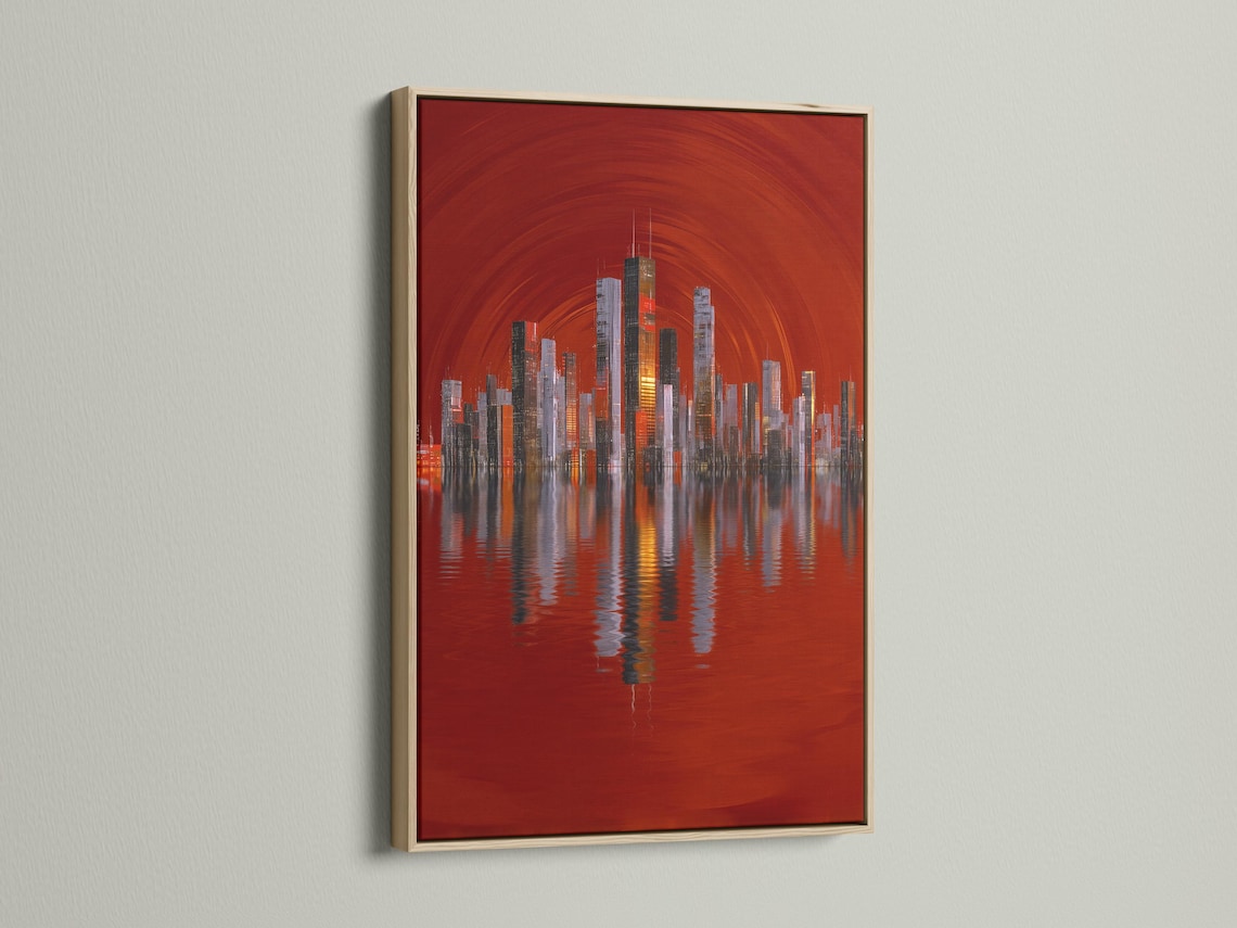 A red city skyline rises from a reflective body of water, framed by arcing light lines, with illuminated building windows and layered silhouettes