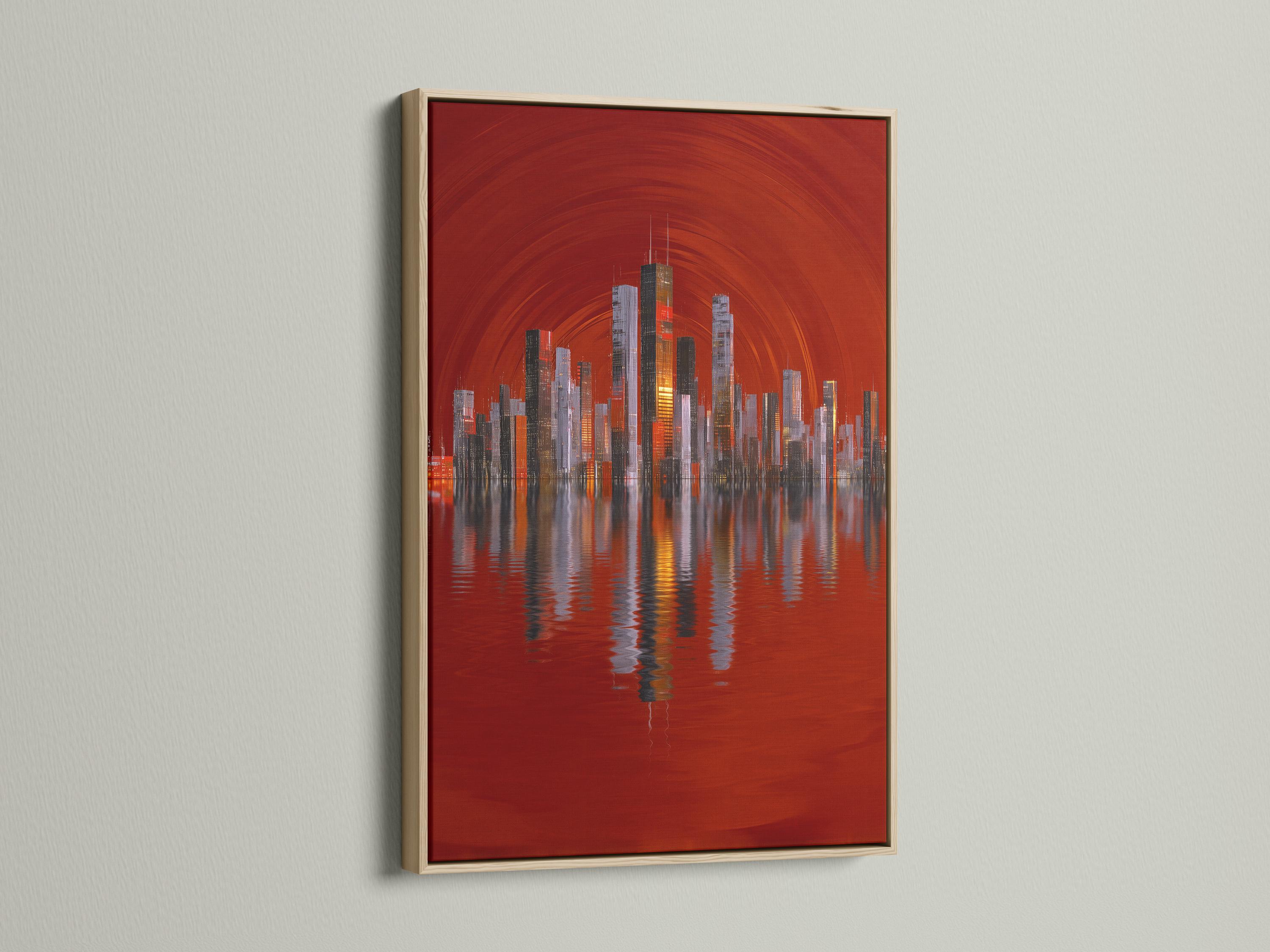 A red city skyline rises from a reflective body of water, framed by arcing light lines, with illuminated building windows and layered silhouettes