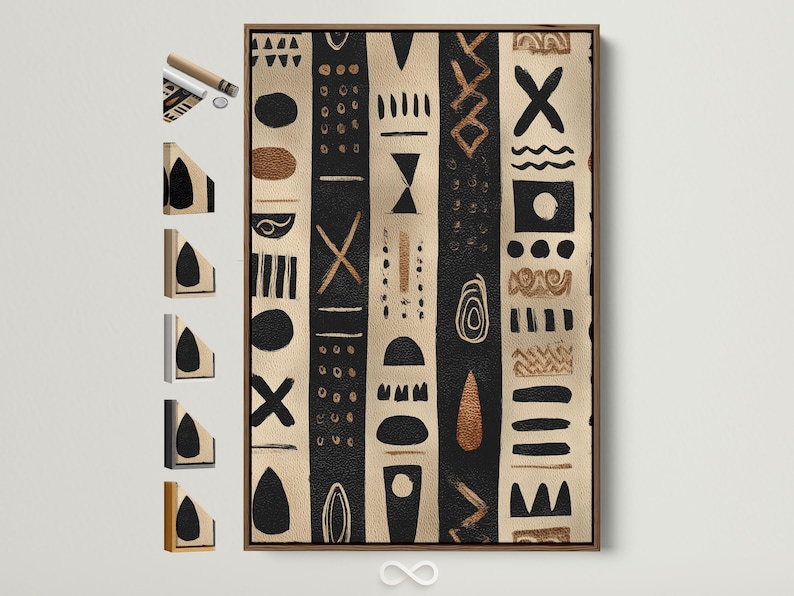 Beige and black geometric tribal-style artwork with vertical panels and dotted symbols