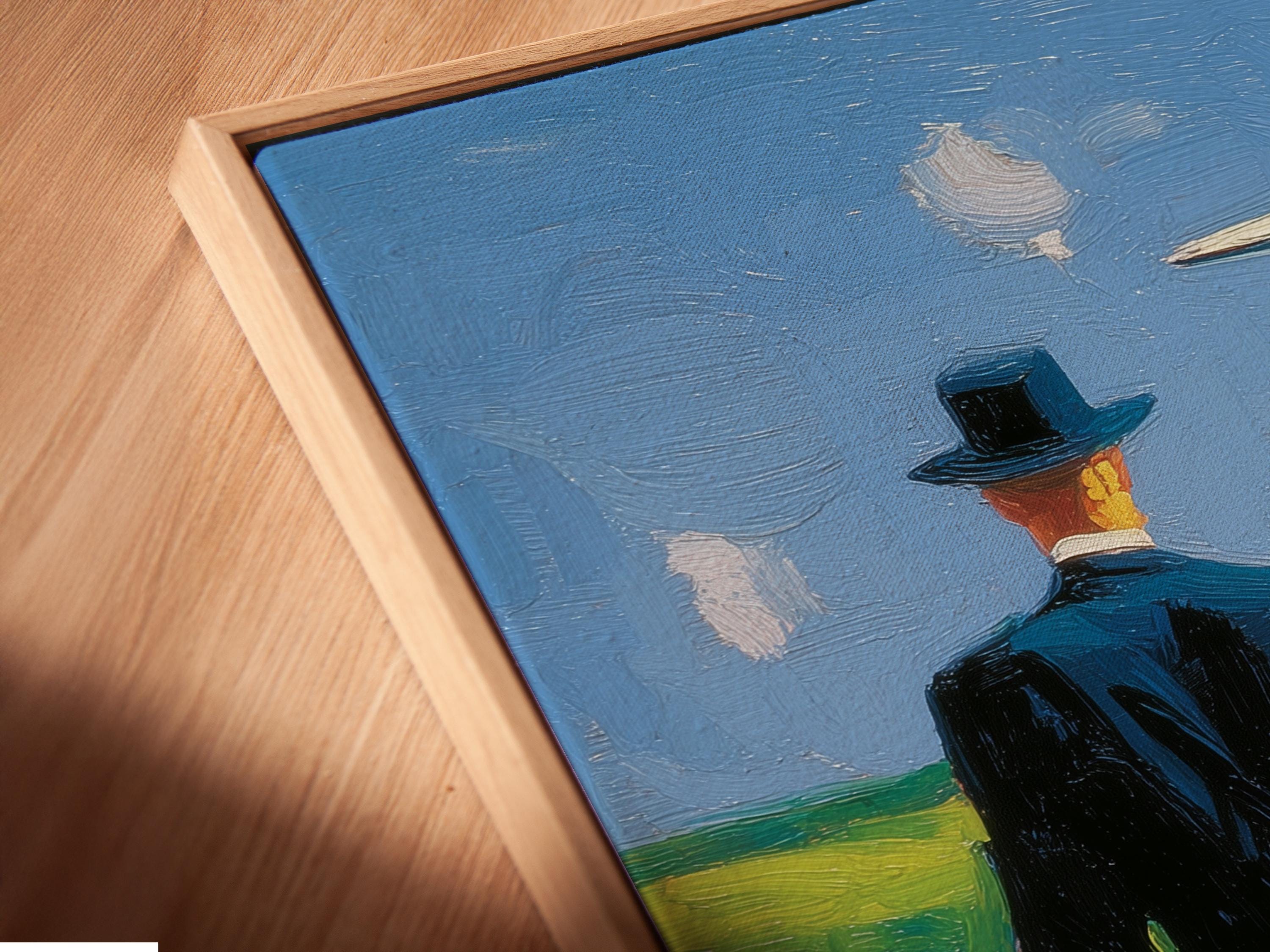 Man in a top hat looking up at a hovering UFO in a blue sky over green countryside detail view