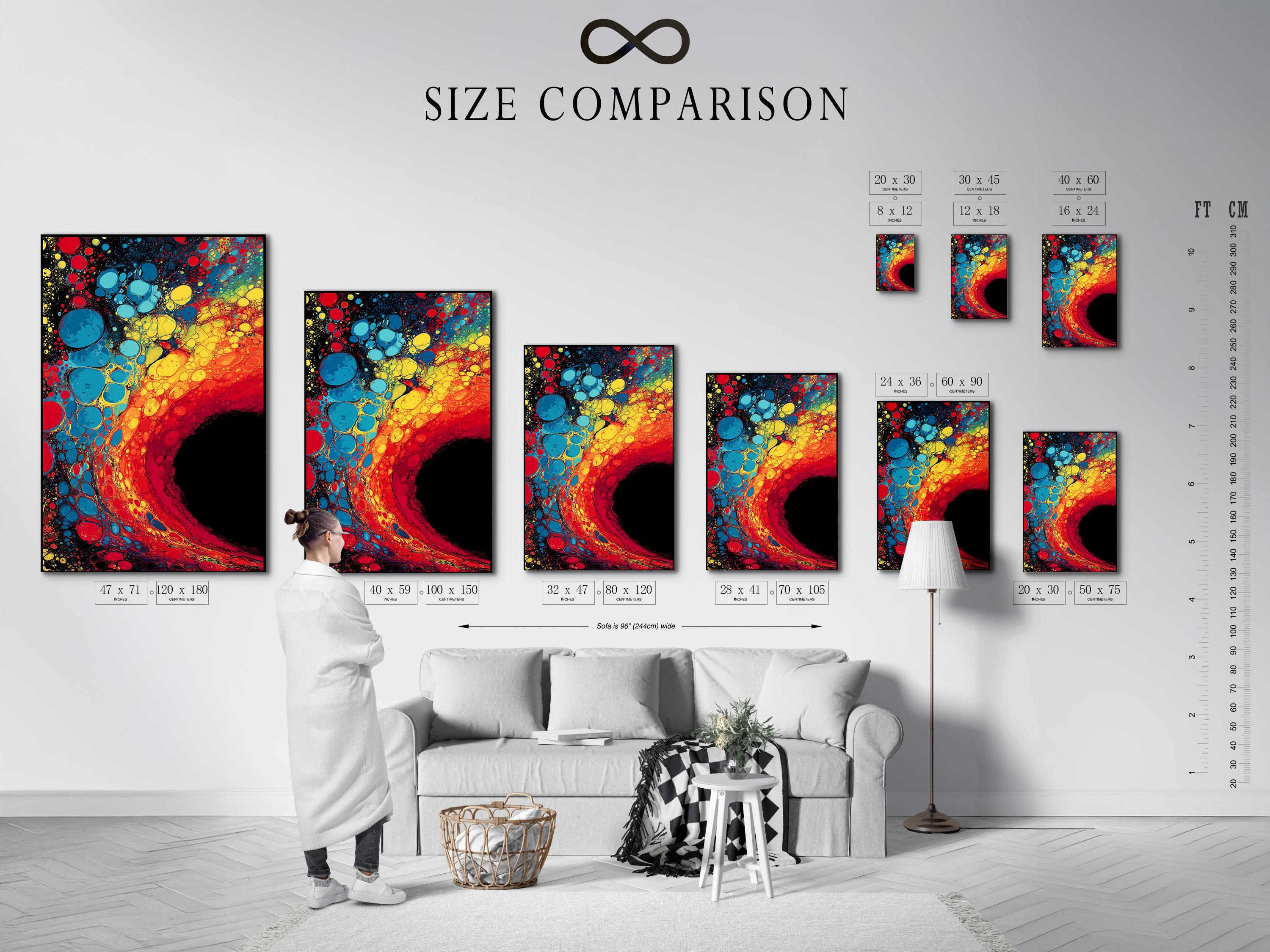 Fluid abstract artwork with red, blue and yellow bubble-like circles on a dark background detail view
