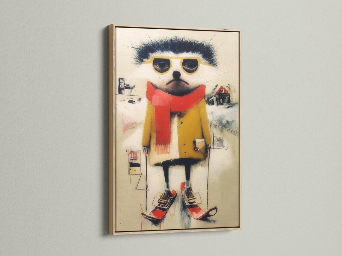Stylised winter ski animal with dark fur, oversized yellow glasses, red scarf and red boots detail view