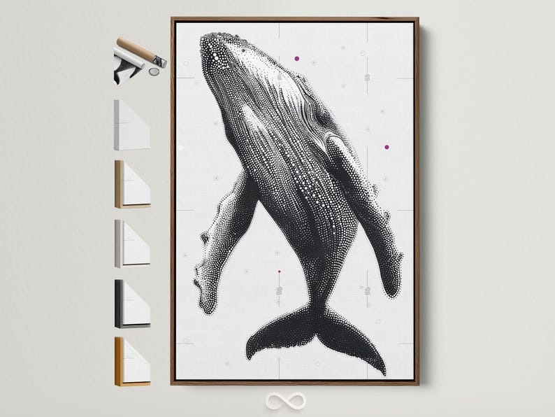 Dotted black-and-white humpback whale illustration with small circle motifs on a pale background