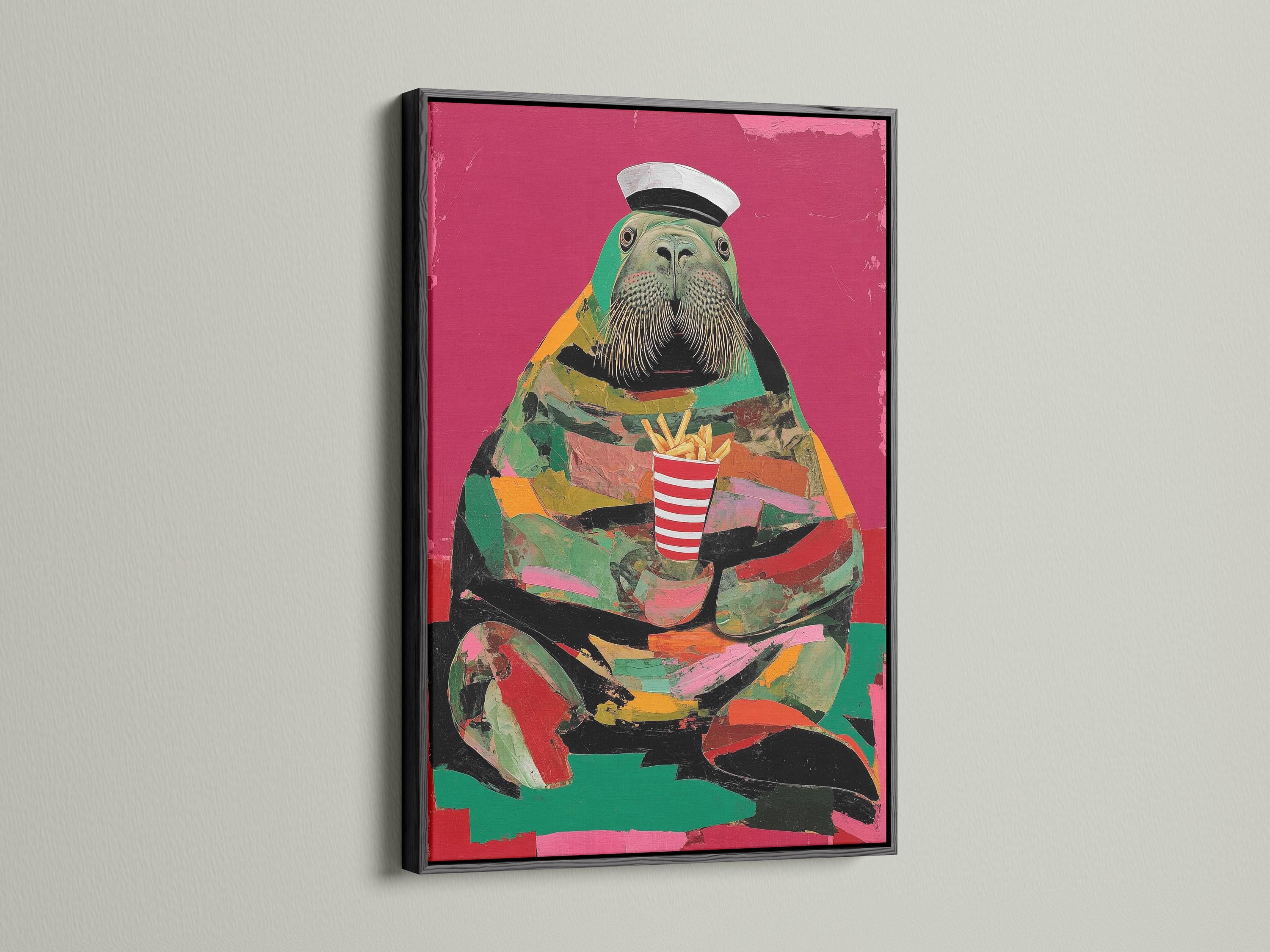 Stylised walrus wearing a captain hat with a striped cup of fries on a hot pink background detail view