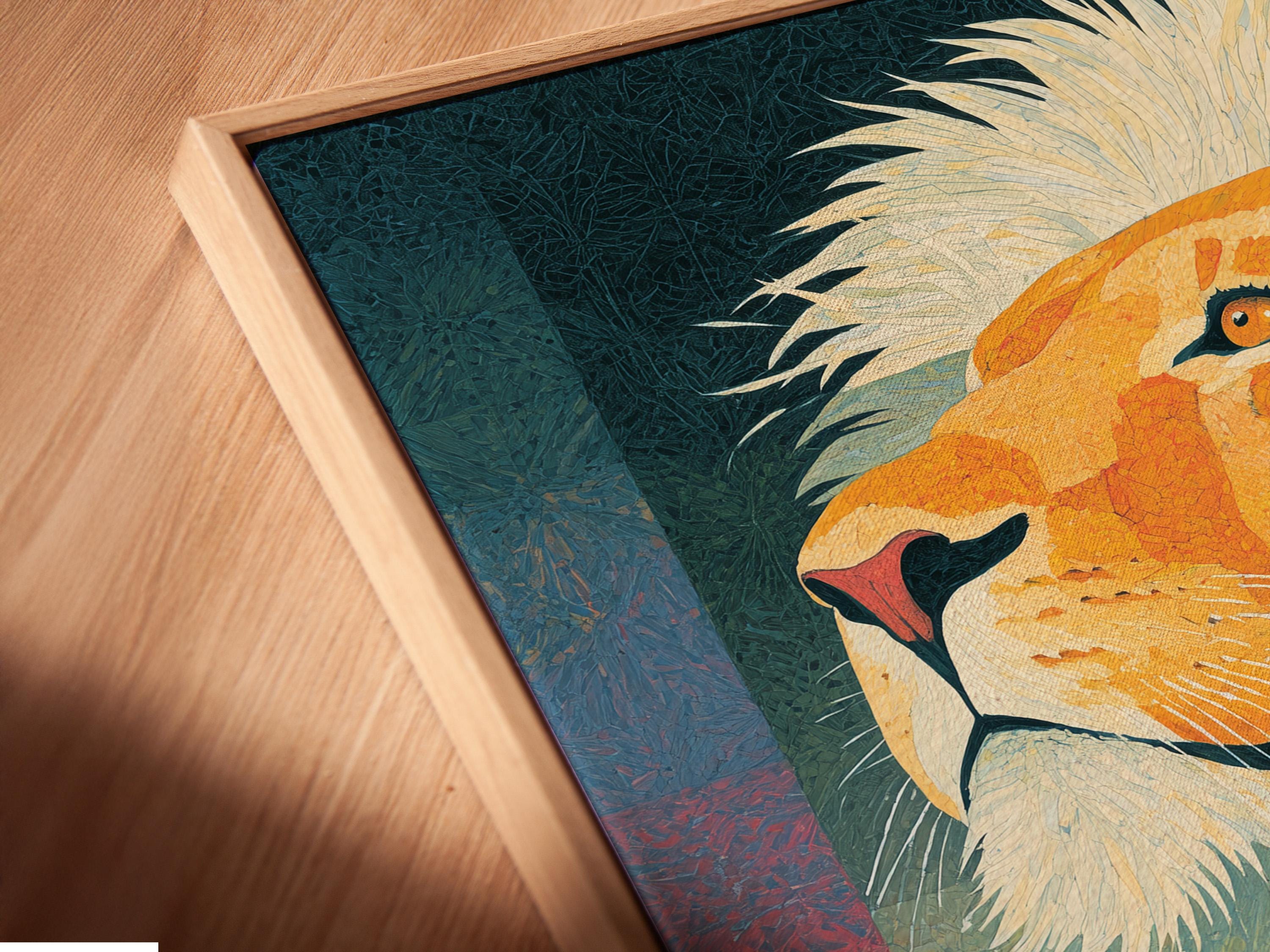 A lion portrait is shown in bright golden ochres with pale cream mane, set against a teal and sunset-coloured geometric background detail view
